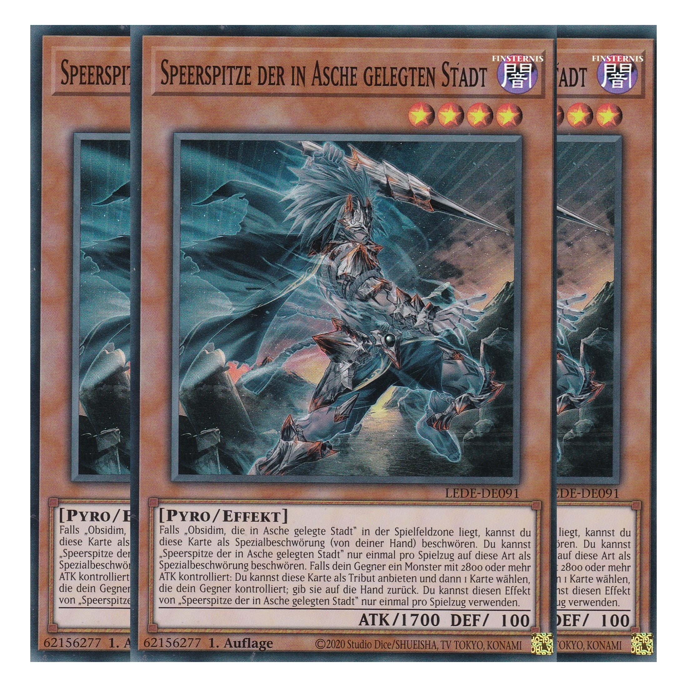 Speerspitze der in Asche Gelegten Stadt - LEDE-DE091 - Super Rare - Deutsch - 1. Auflage - Legacy of Destruction - Playset (3 Kopien) - Yu-Gi-Oh!