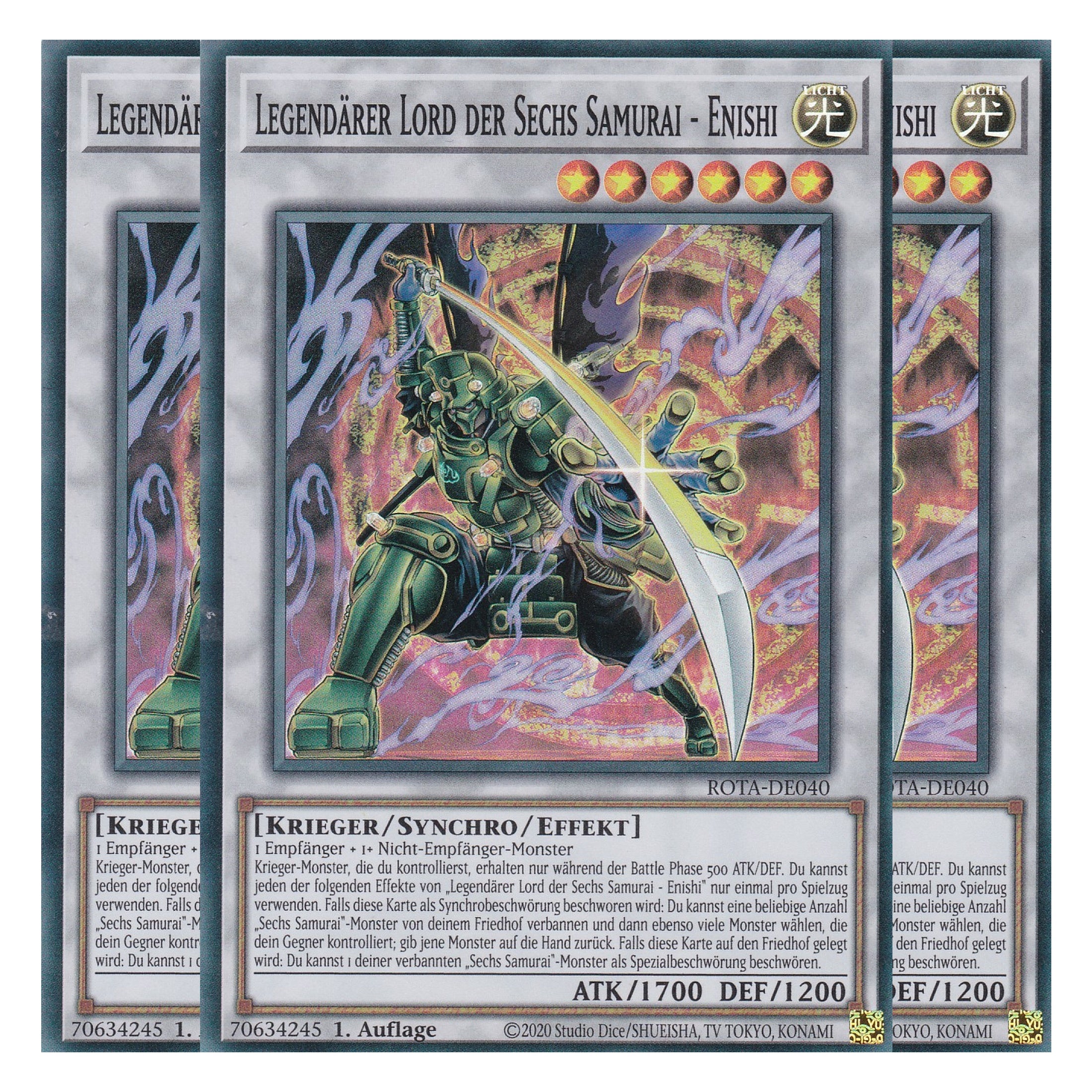 Legendärer Lord der Sechs Samurai - Enishi - ROTA-DE040 - Super Rare - Deutsch - 1. Auflage - Rage of the Abyss - Playset (3 Kopien) - Yu-Gi-Oh!