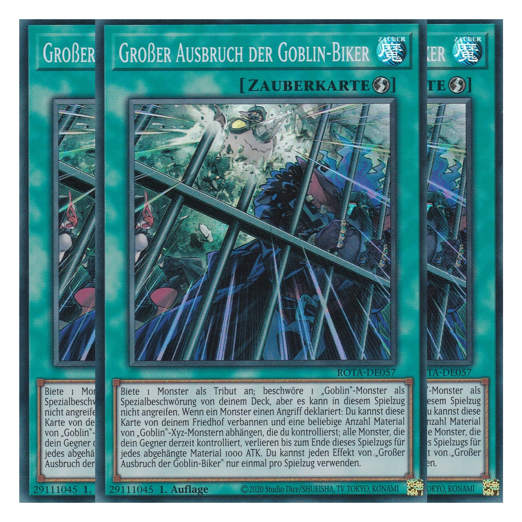 Großer Ausbruch der Goblin-Biker - ROTA-DE057 - Super Rare - Deutsch - 1. Auflage - Rage of the Abyss - Playset (3 Kopien) - Yu-Gi-Oh!