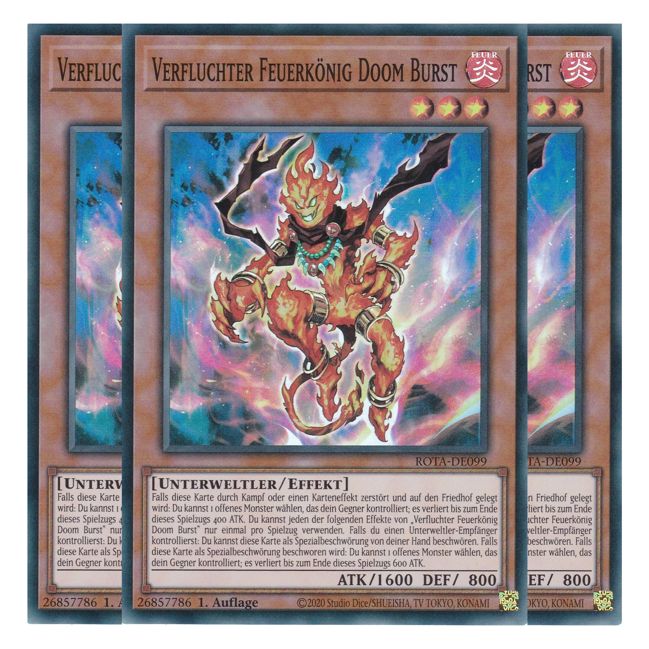 Verfluchter Feuerkönig Doom Burst - ROTA-DE099 - Super Rare - Deutsch - 1. Auflage - Rage of the Abyss - Playset (3 Kopien) - Yu-Gi-Oh!