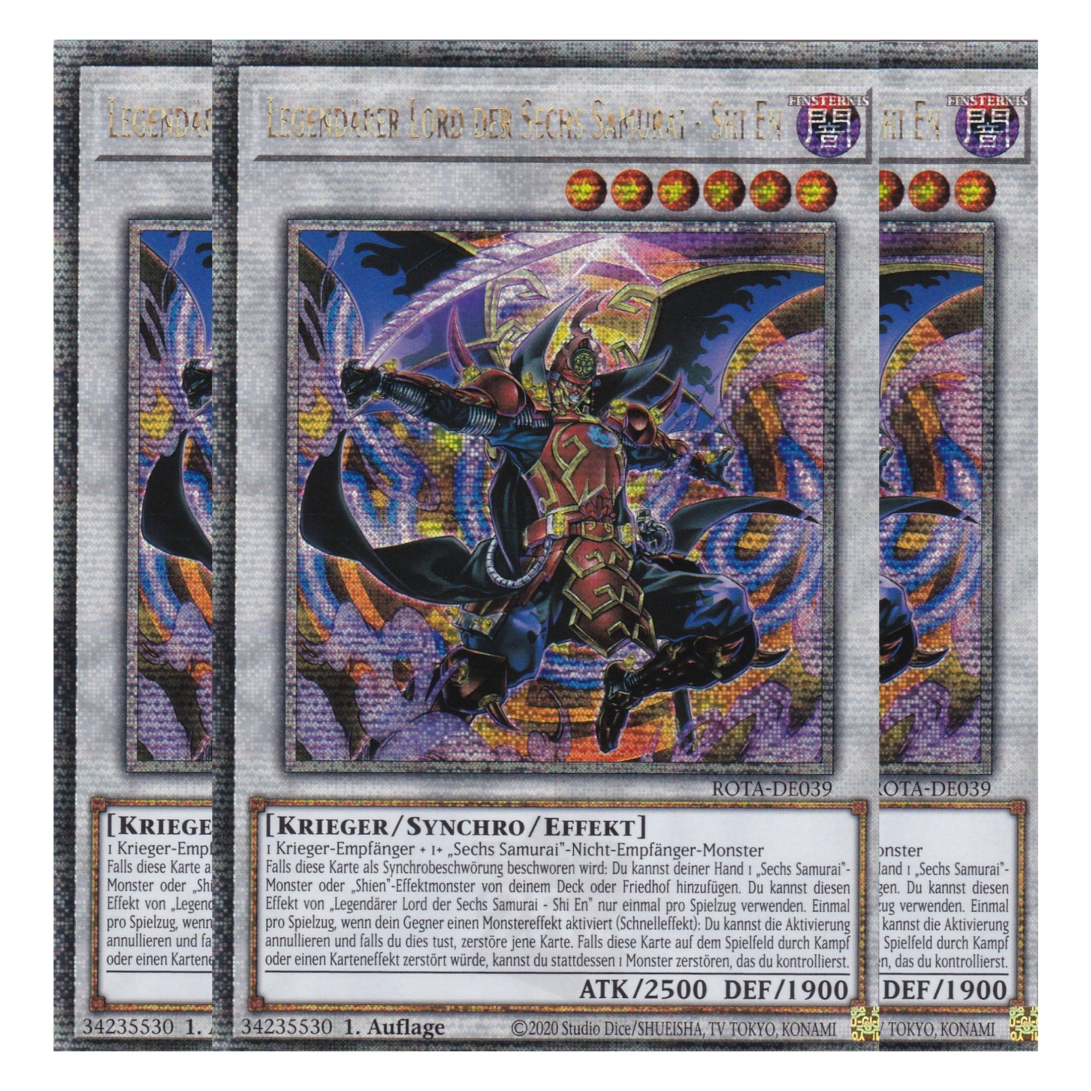 Legendärer Lord der Sechs Samurai - Shi En  - ROTA-DE039 - Quarter Century Secret Rare - Deutsch - 1. Auflage - Rage of the Abyss - Playset (3 Kopien) - Yu-Gi-Oh!