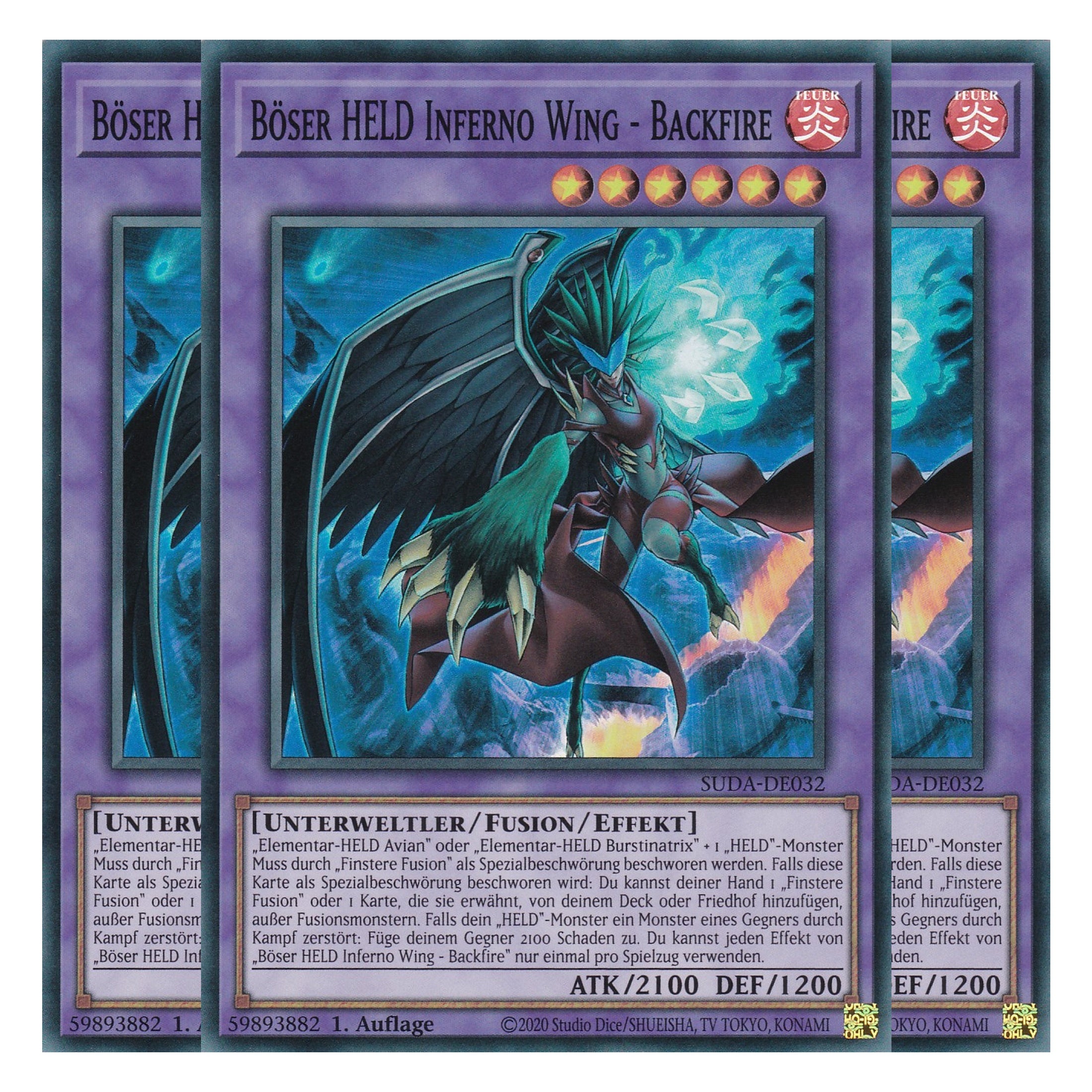 Böser HELD Inferno Wing - Backfire - SUDA-DE032 - Super Rare - Deutsch - 1. Auflage - Supreme Darkness - Playset (3 Kopien) - Yu-Gi-Oh!