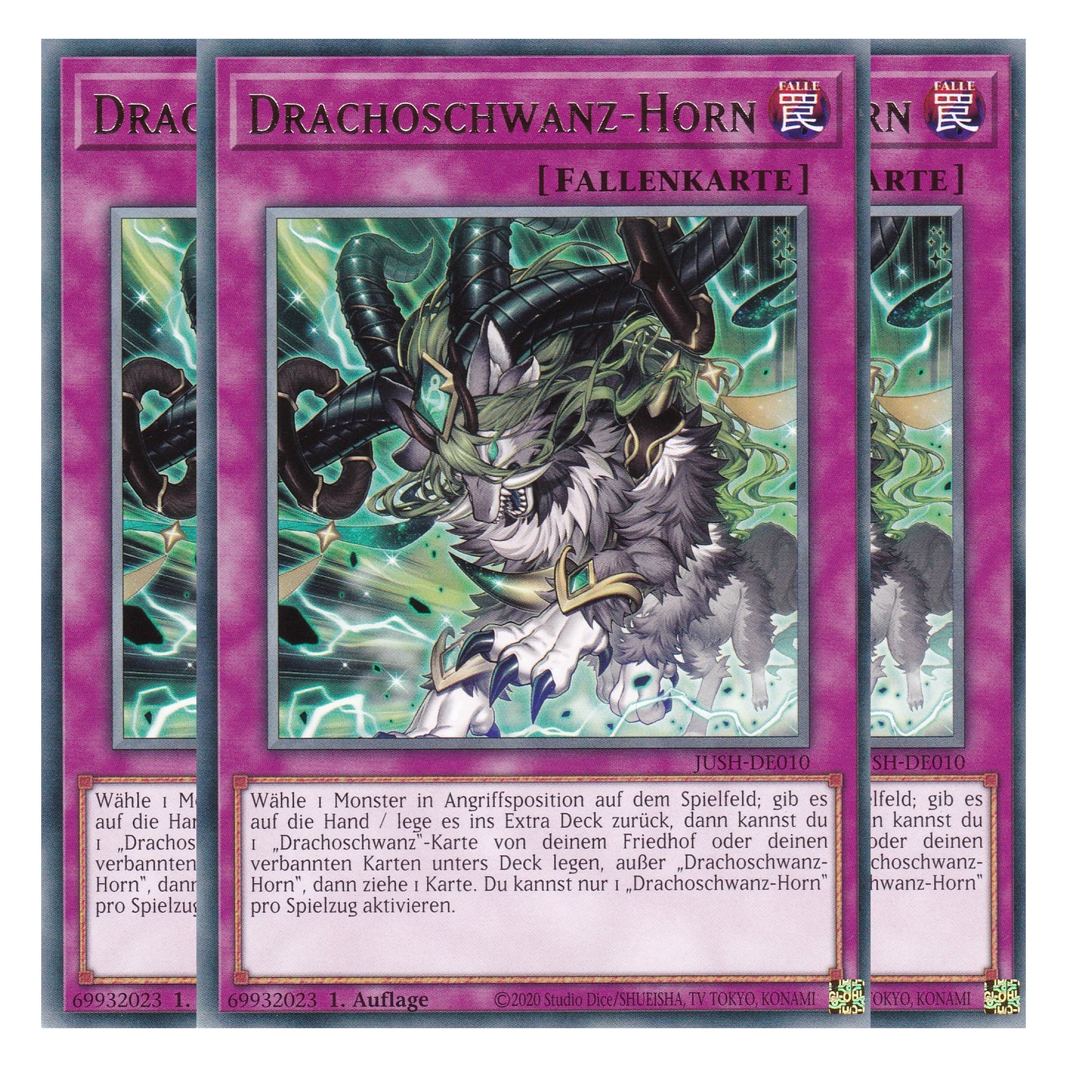Drachoschwanz Horn - JUSH-DE010 - Rare - Deutsch - 1. Auflage - Justice Hunters - Playset (3 Kopien) - Yu-Gi-Oh!