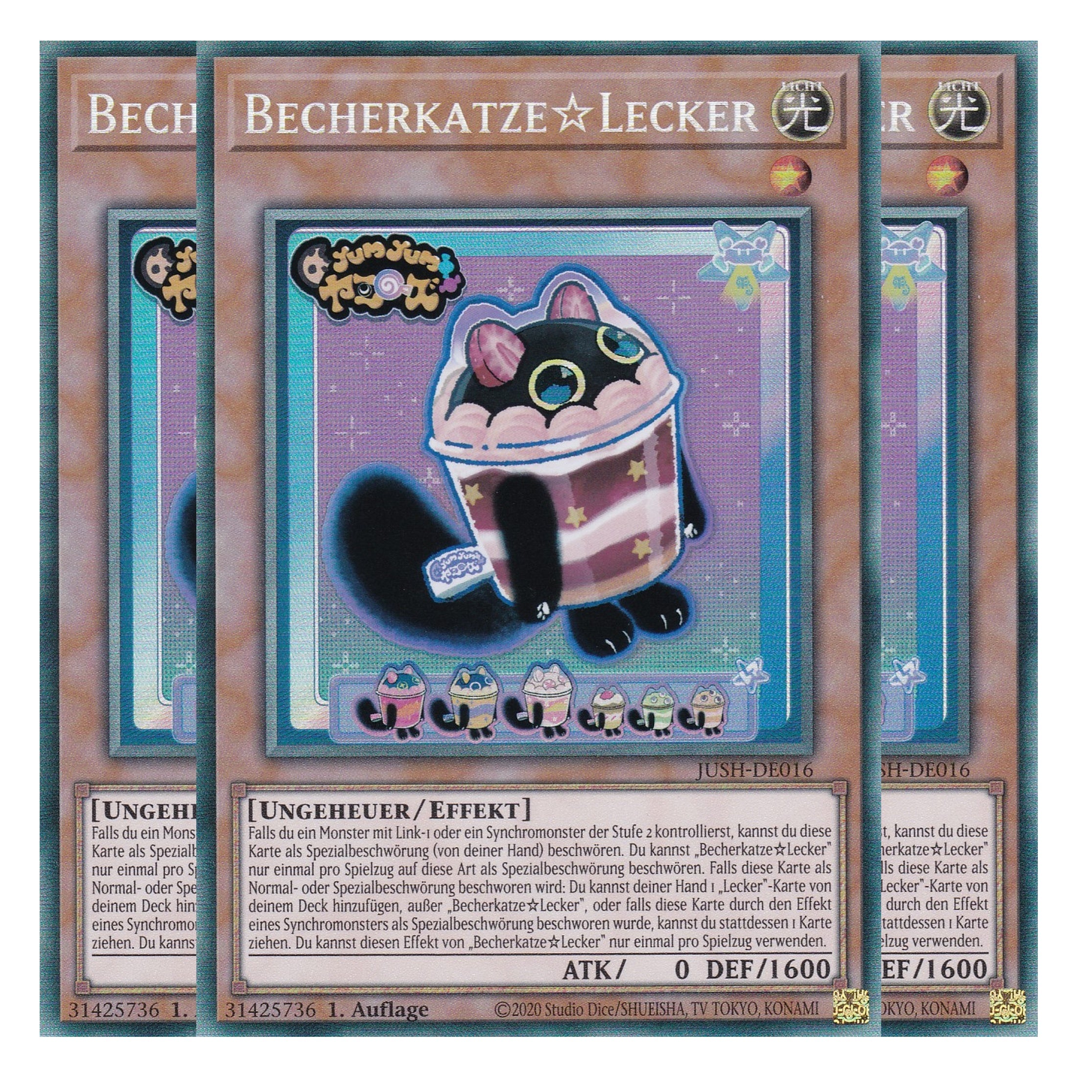 Becherkatze☆Lecker - JUSH-DE016 - Collector’s Rare - Deutsch - 1. Auflage - Justice Hunters - Playset (3 Kopien) - Yu-Gi-Oh!