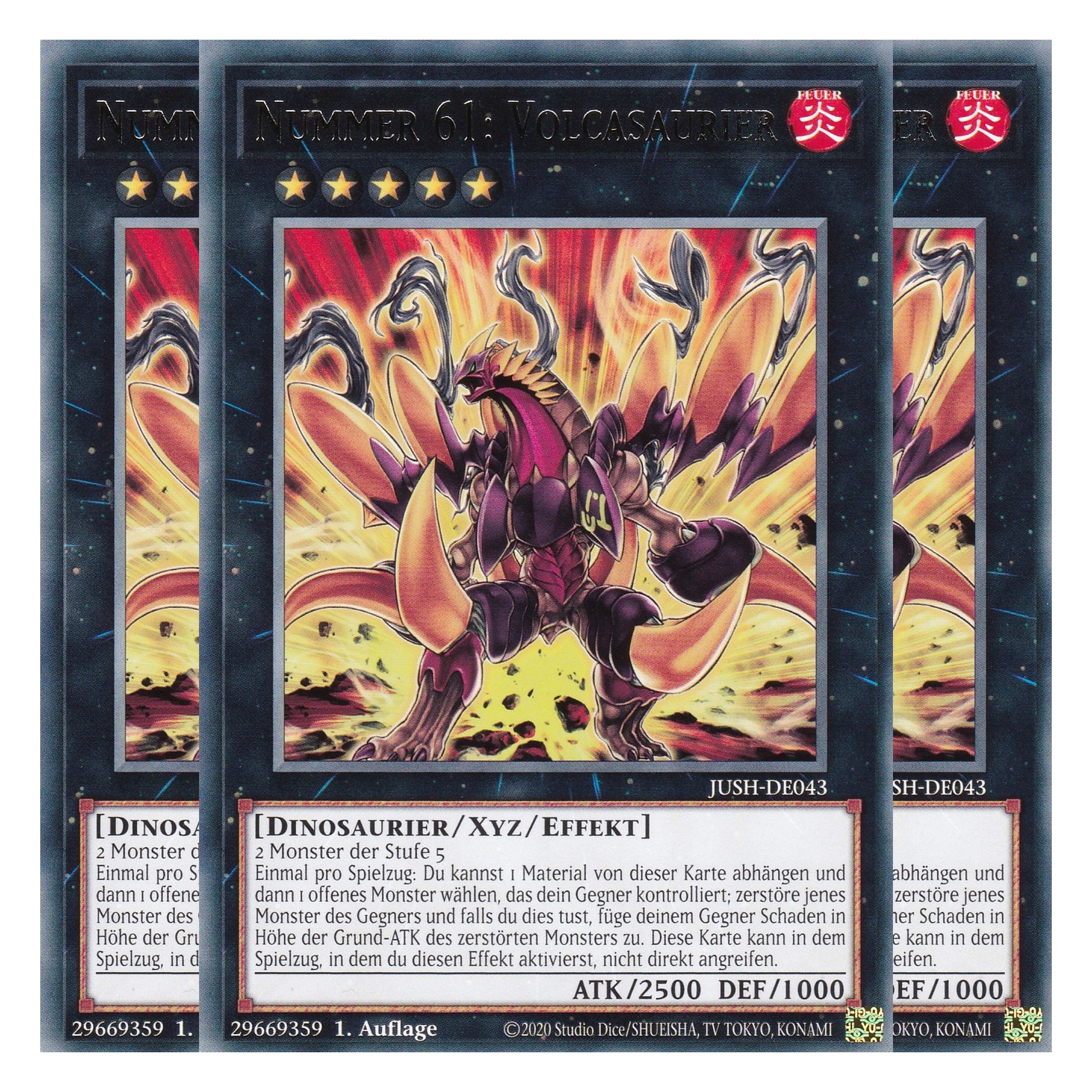 Nummer 61: Volcasaurier - JUSH-DE043 - Rare - Deutsch - 1. Auflage - Justice Hunters - Playset (3 Kopien) - Yu-Gi-Oh!