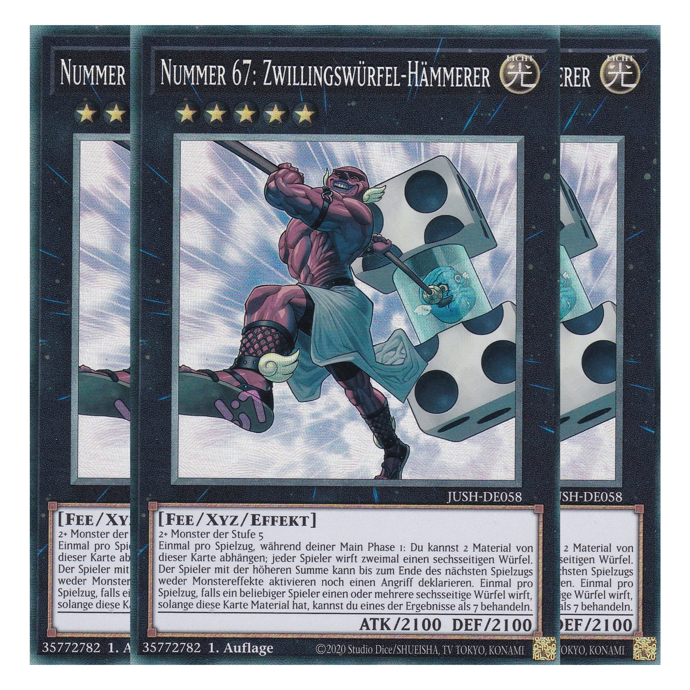 Nummer 67: Zwillingswürfel-Hämmerer - JUSH-DE058 - Collector’s Rare - Deutsch - 1. Auflage - Justice Hunters - Playset (3 Kopien) - Yu-Gi-Oh!