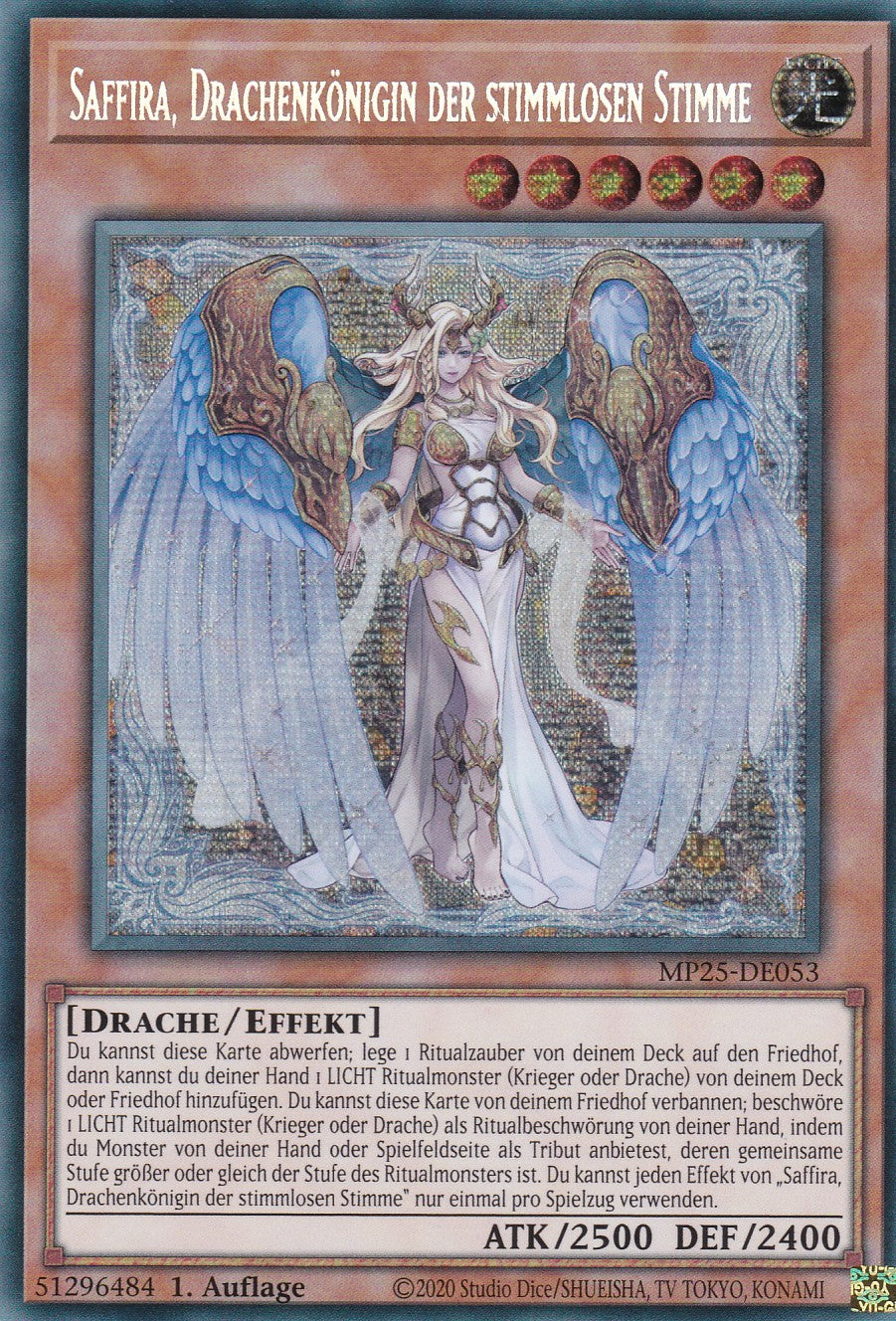 Saffira, Drachenkönigin der Stimmlosen Stimme – MP25-DE053 – Secret Rare – 1. Auflage – Deutsch – 2025 Mega-Pack Tin