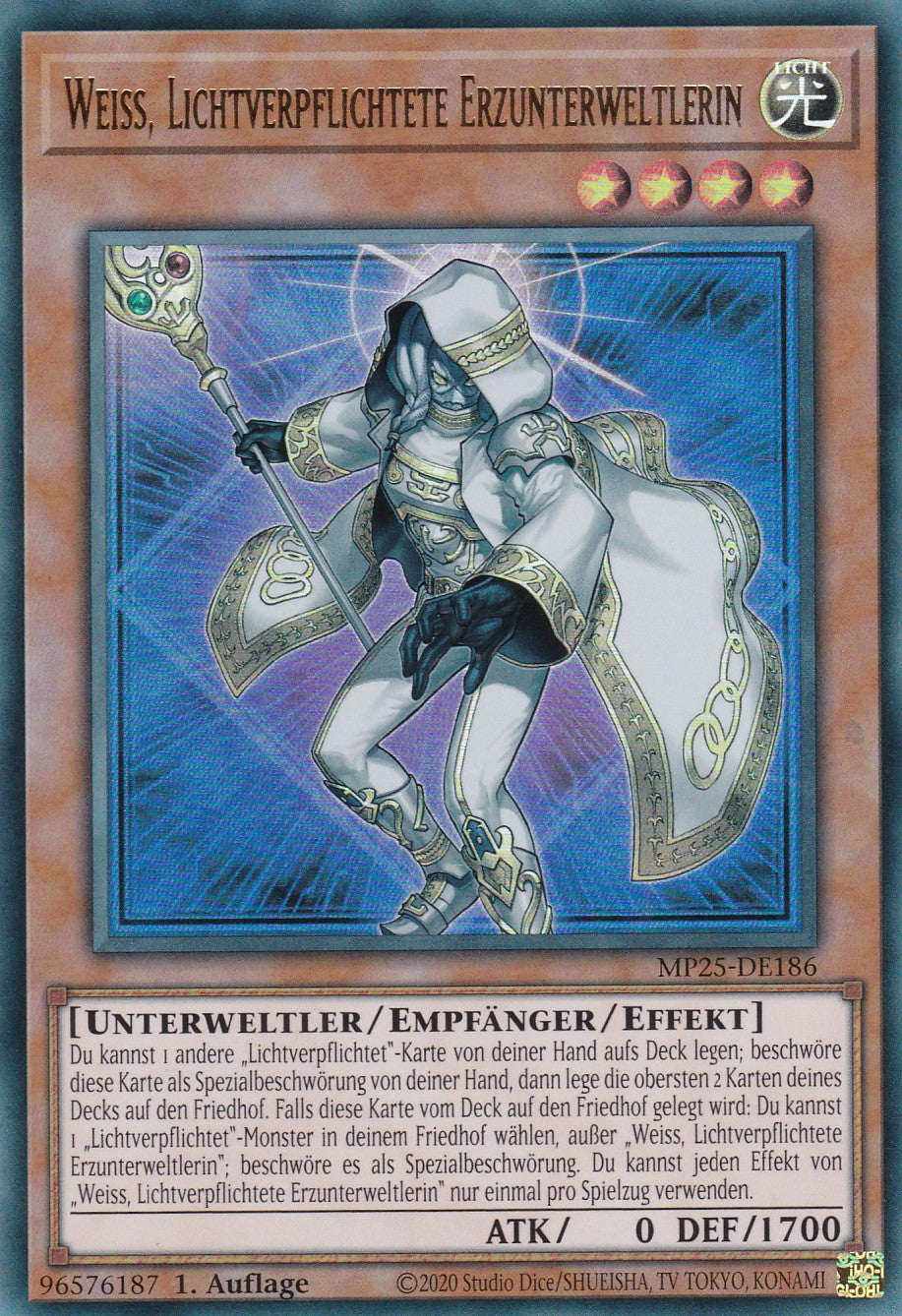 Weiss, Lichtverpflichtete Erzunterweltlerin – MP25-DE186 – Ultra Rare – 1. Auflage – Deutsch – 2025 Mega-Pack Tin