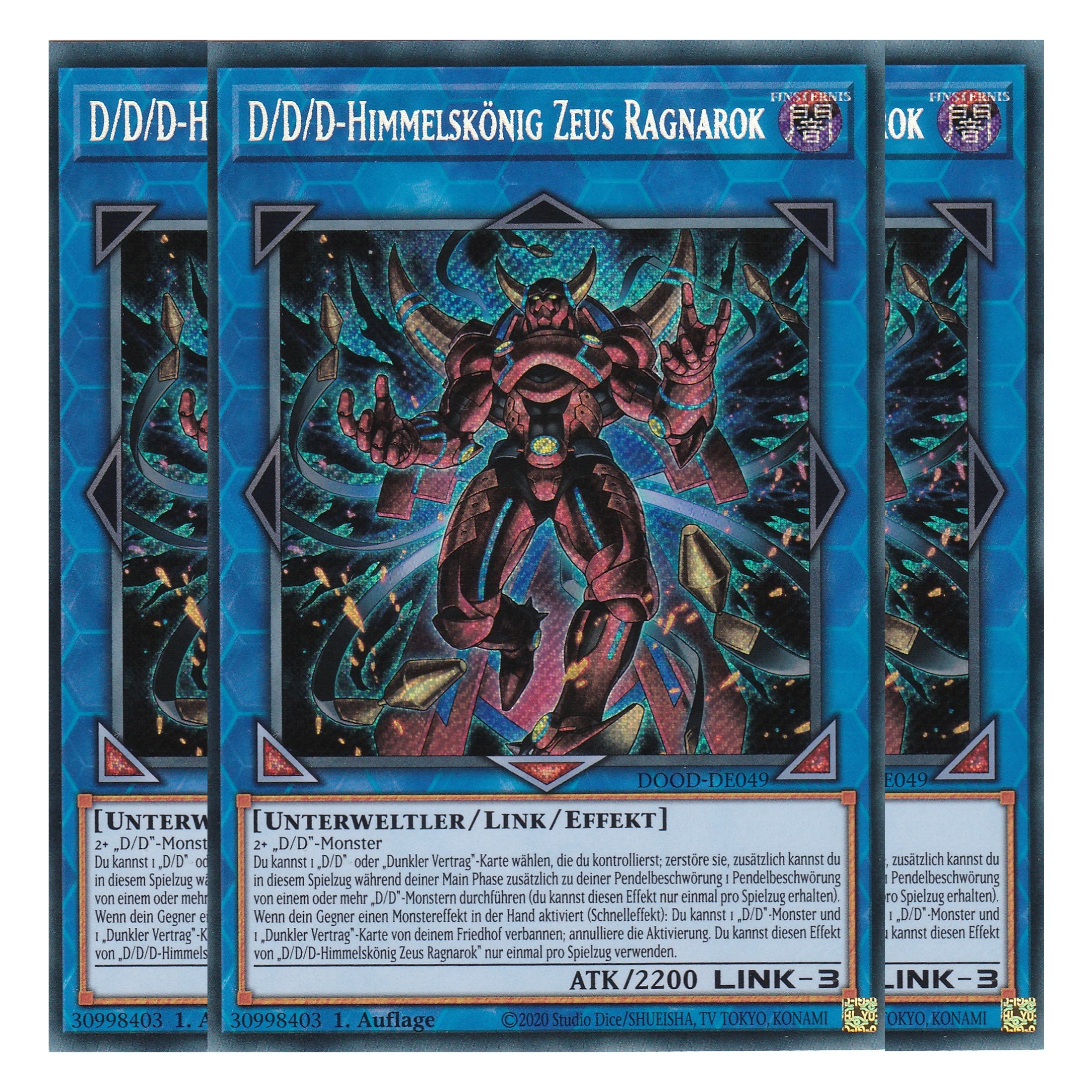 D/D/D-Himmelskönig Zeus Ragnarok - DOOD-DE049 - Secret Rare - Deutsch - 1. Auflage - Doom of Dimensions - Playset (3 Kopien) - Yu-Gi-Oh!