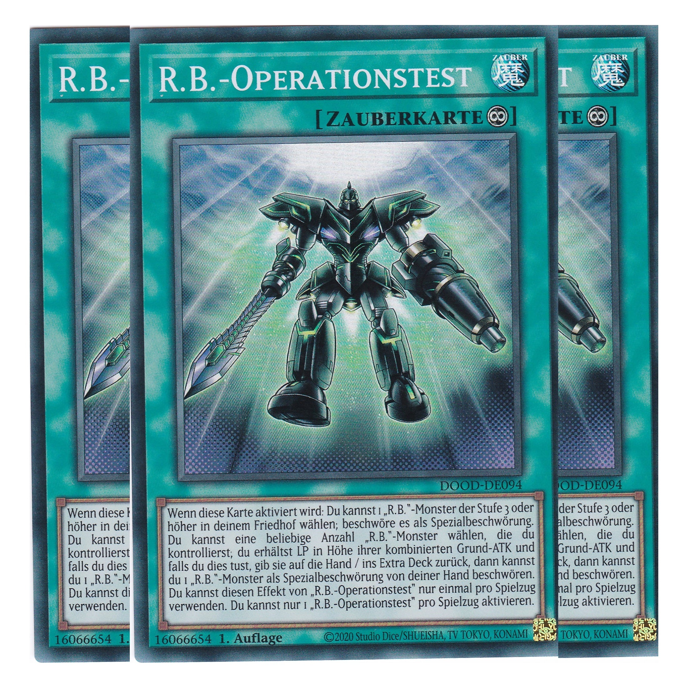 R.B.-Operationstest - DOOD-DE094 - Super Rare - Deutsch - 1. Auflage - Doom of Dimensions - Playset (3 Kopien) - Yu-Gi-Oh!