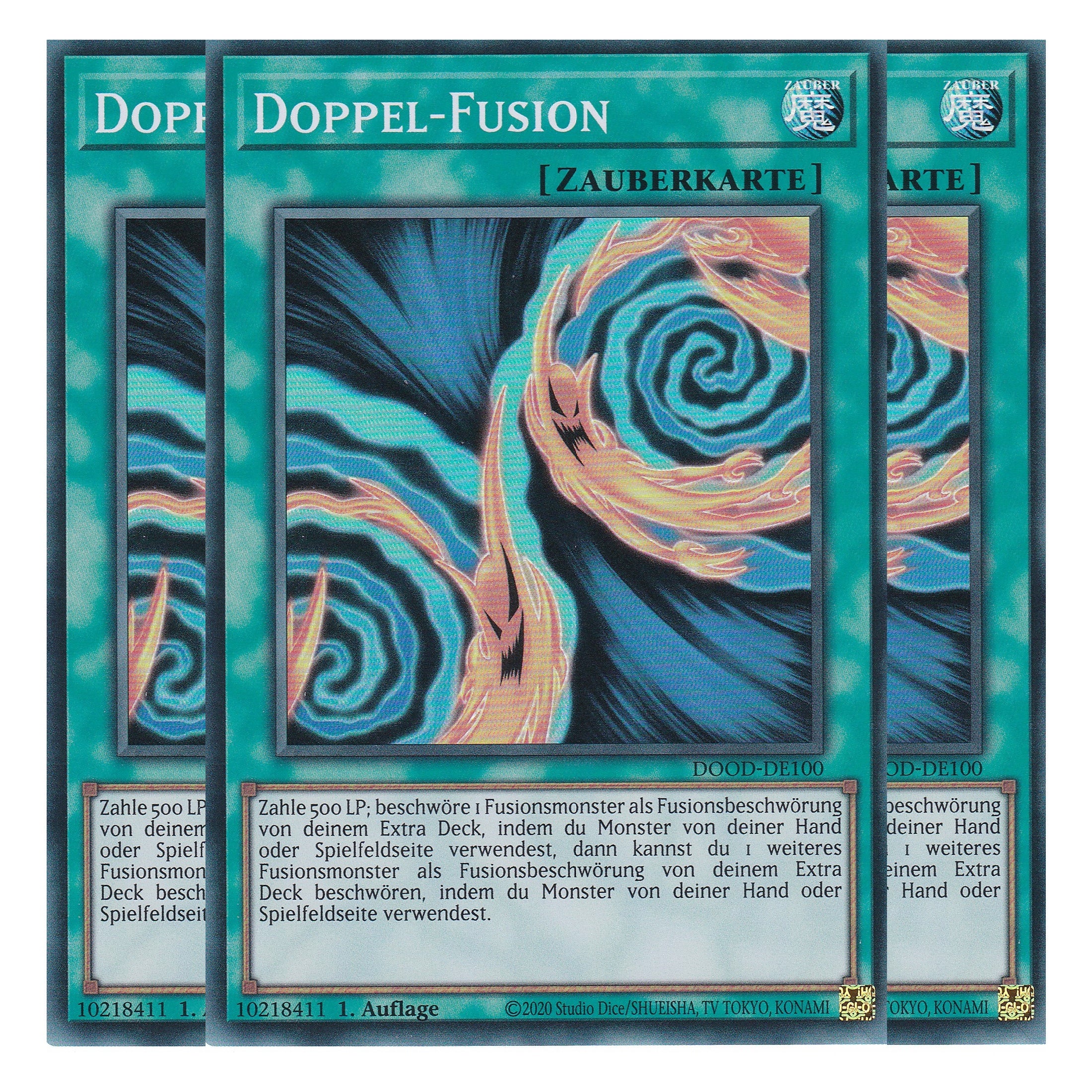 Doppel-Fusion - DOOD-DE100 - Super Rare - Deutsch - 1. Auflage - Doom of Dimensions - Playset (3 Kopien) - Yu-Gi-Oh!