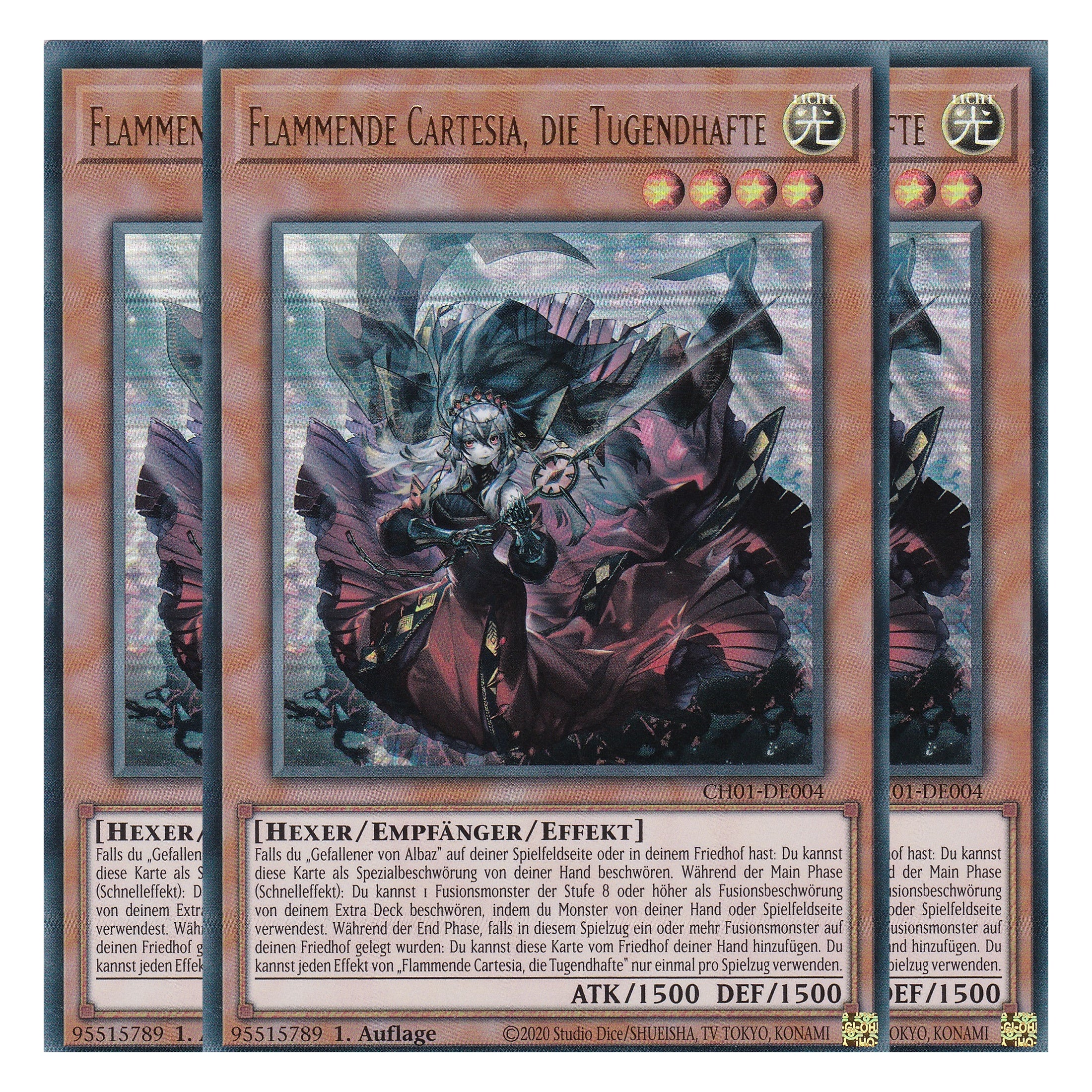 Flammende Cartesia, die Tugendhafte - CH01-DE004 - Ultra Rare - Deutsch - 1. Auflage - The Chronicles Deck: The Fallen & The Virtuous - Playset (3 Kopien) - Yu-Gi-Oh!