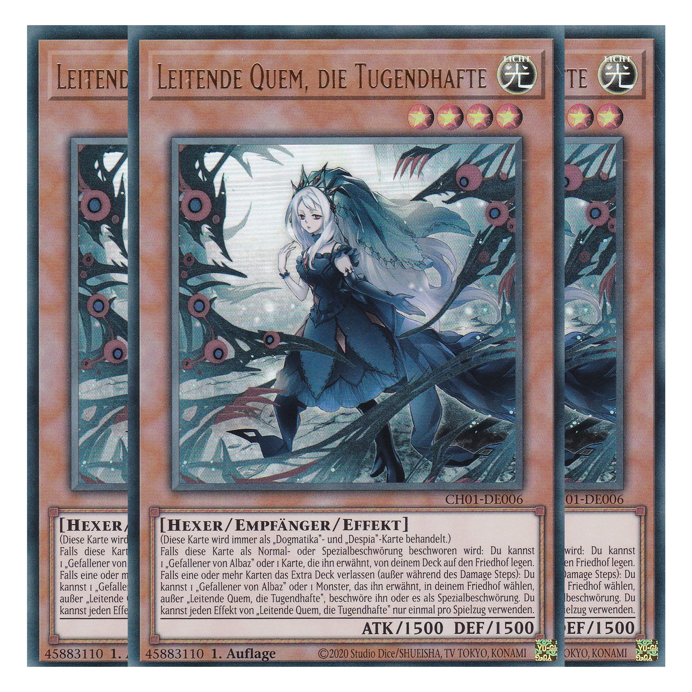 Leitende Quem, die Tugendhafte - CH01-DE006 - Ultra Rare - Deutsch - 1. Auflage - The Chronicles Deck: The Fallen & The Virtuous - Playset (3 Kopien) - Yu-Gi-Oh!