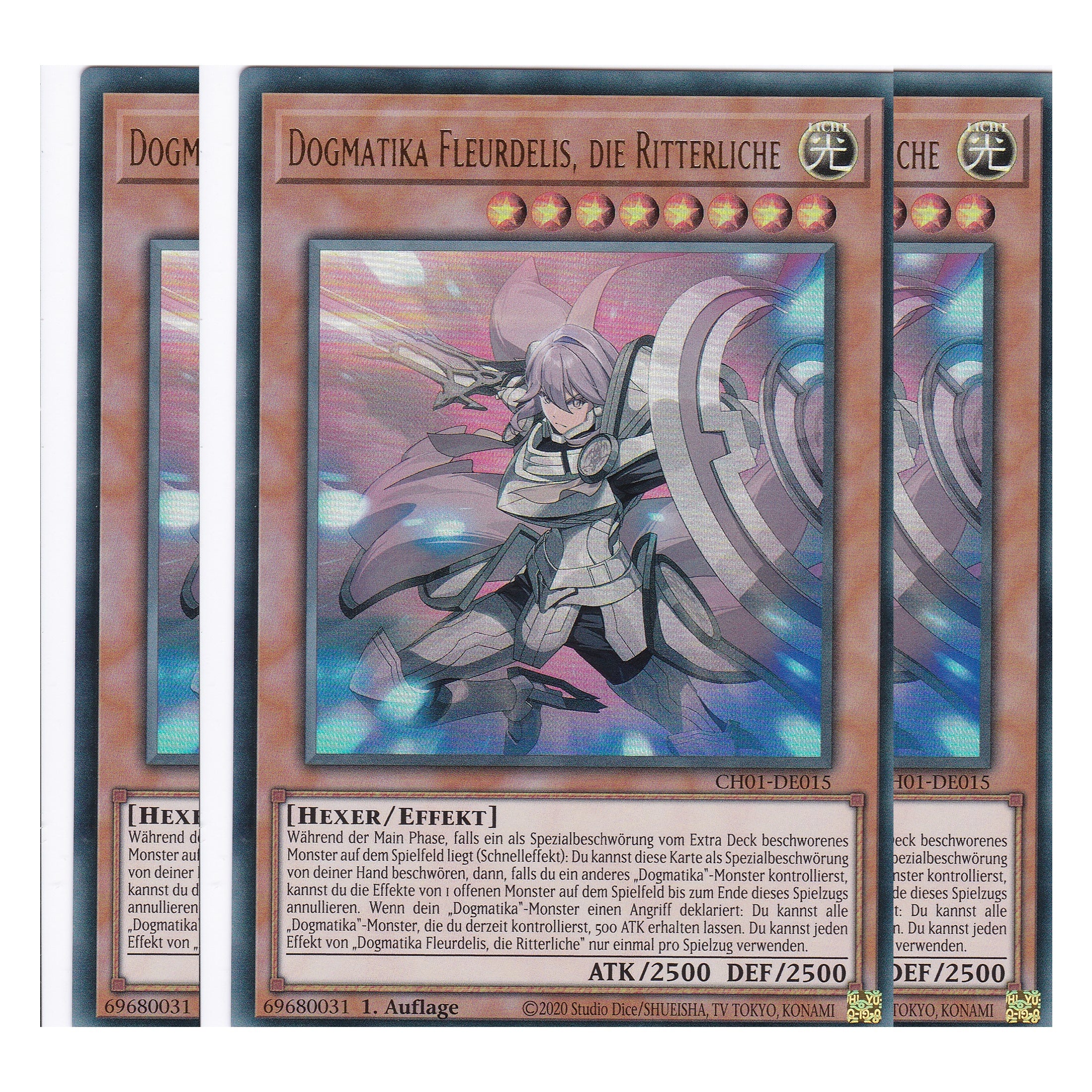 Dogmatika Fleurdelis, die Ritterliche - CH01-DE015 - Ultra Rare - Deutsch - 1. Auflage - The Chronicles Deck: The Fallen & The Virtuous - Playset (3 Kopien) - Yu-Gi-Oh!