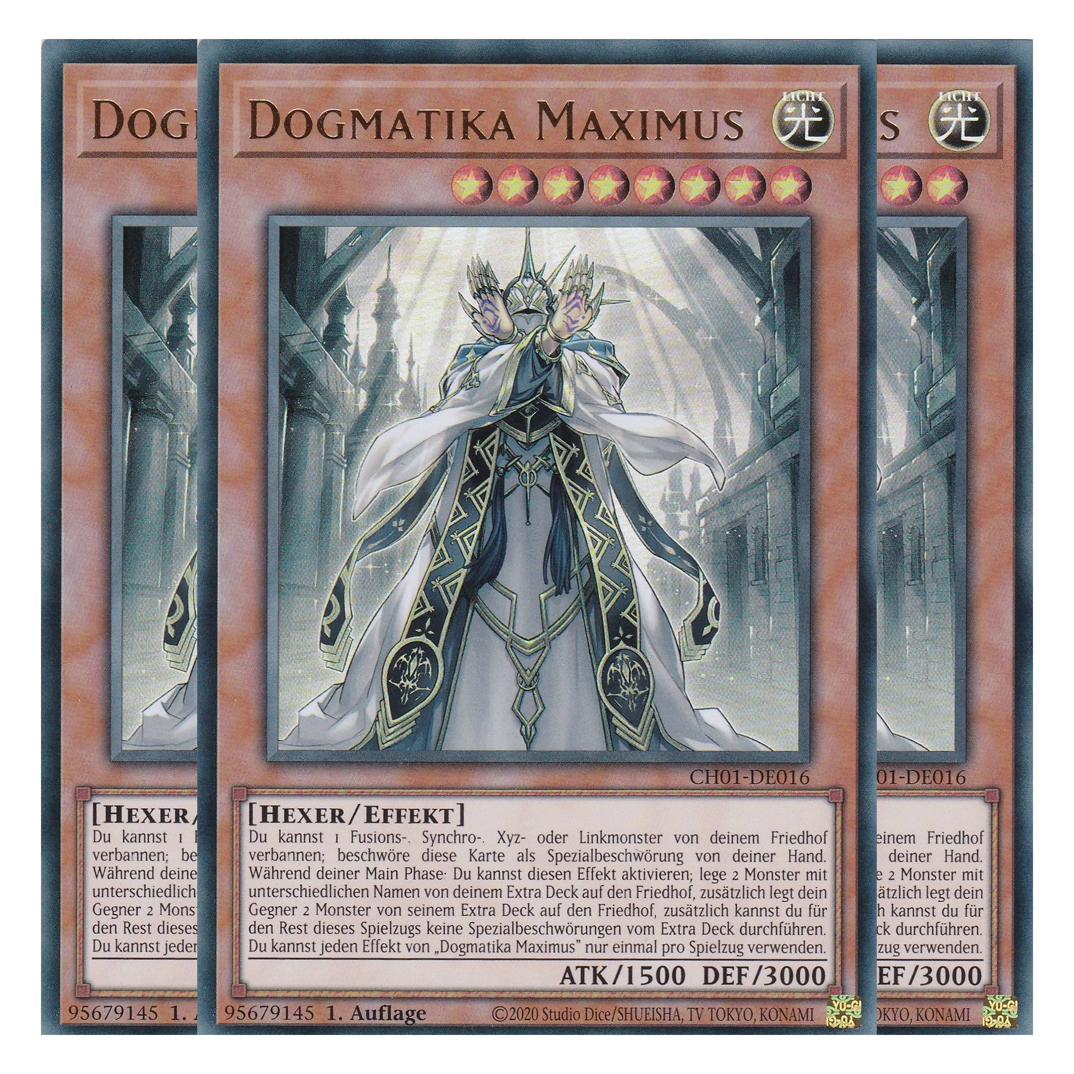 Dogmatika Maximus - CH01-DE016 - Ultra Rare - Deutsch - 1. Auflage - The Chronicles Deck: The Fallen & The Virtuous - Playset (3 Kopien) - Yu-Gi-Oh!