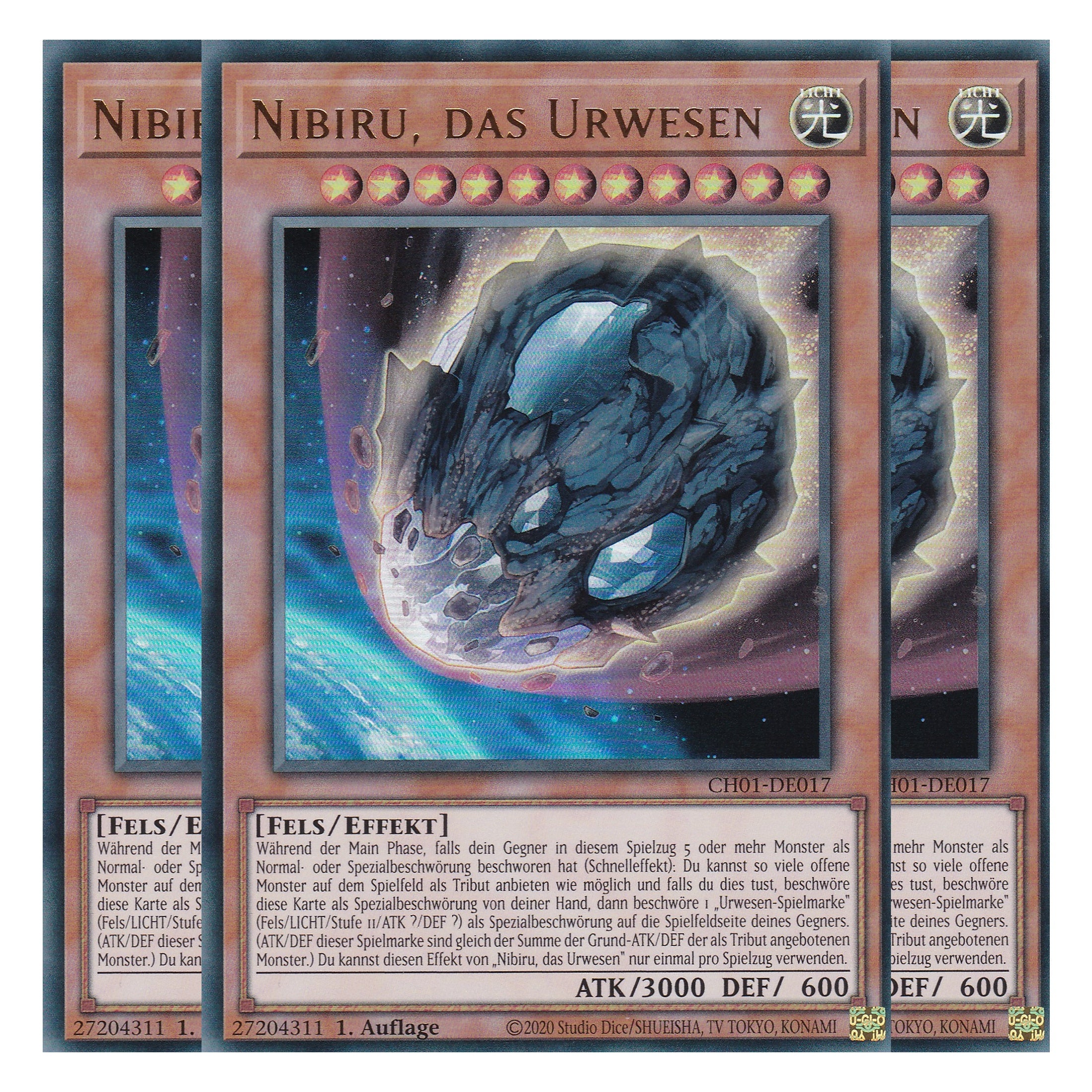 Nibiru, das Urwesen - CH01-DE017 - Ultra Rare - Deutsch - 1. Auflage - The Chronicles Deck: The Fallen & The Virtuous - Playset (3 Kopien) - Yu-Gi-Oh!