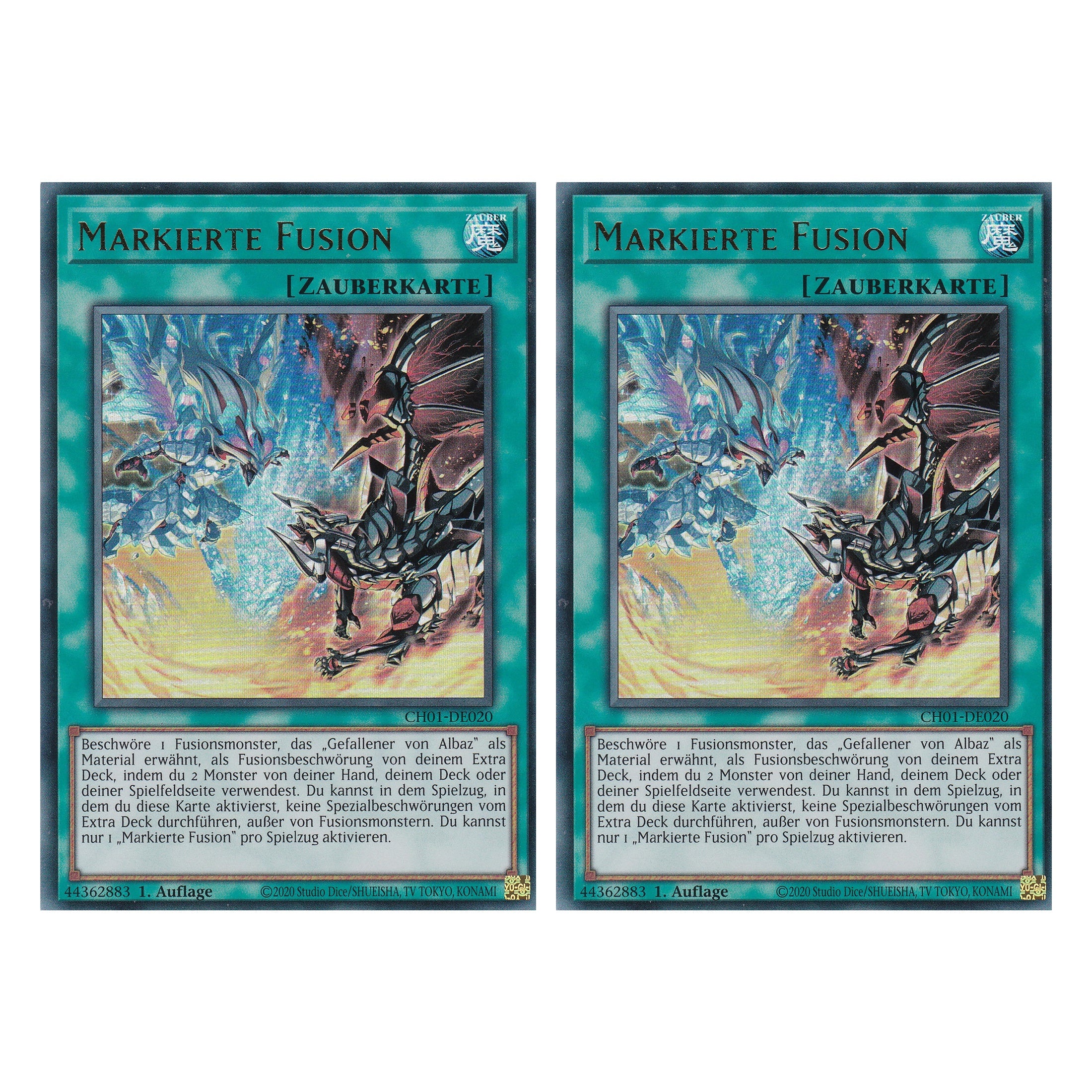 Markierte Fusion - CH01-DE020 - Ultra Rare - Deutsch - 1. Auflage - The Chronicles Deck: The Fallen & The Virtuous - Duo Set (2 Stück) - Yugioh