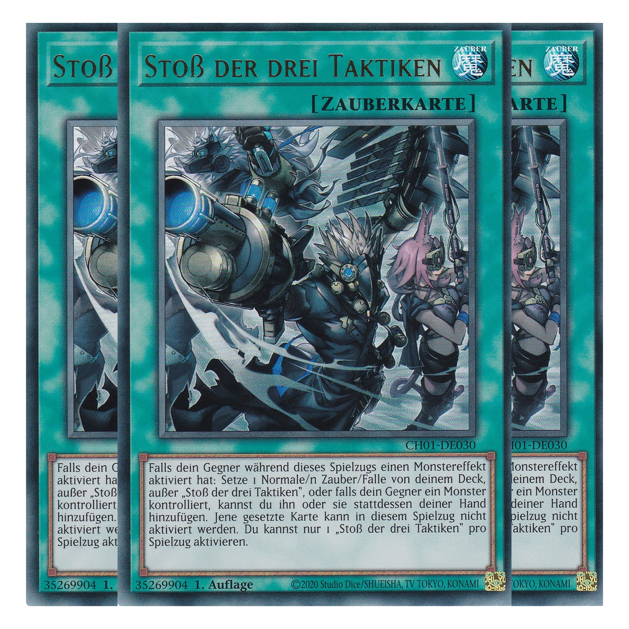 Stoß der drei Taktiken - CH01-DE030 - Ultra Rare - Deutsch - 1. Auflage - The Chronicles Deck: The Fallen & The Virtuous - Playset (3 Kopien) - Yu-Gi-Oh!