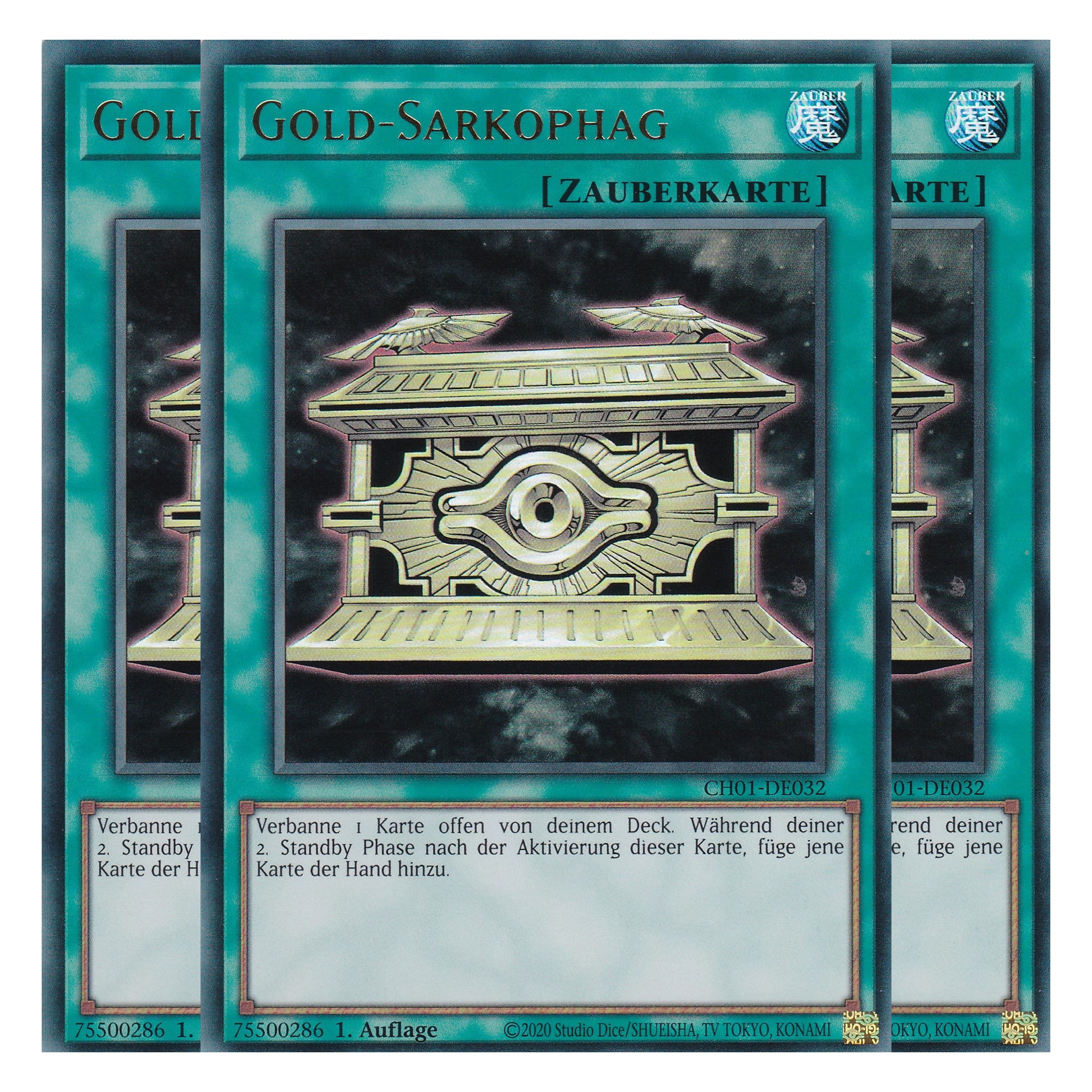 Gold-Sarkophag - CH01-DE032 - Ultra Rare - Deutsch - 1. Auflage - The Chronicles Deck: The Fallen & The Virtuous - Playset (3 Kopien) - Yu-Gi-Oh!