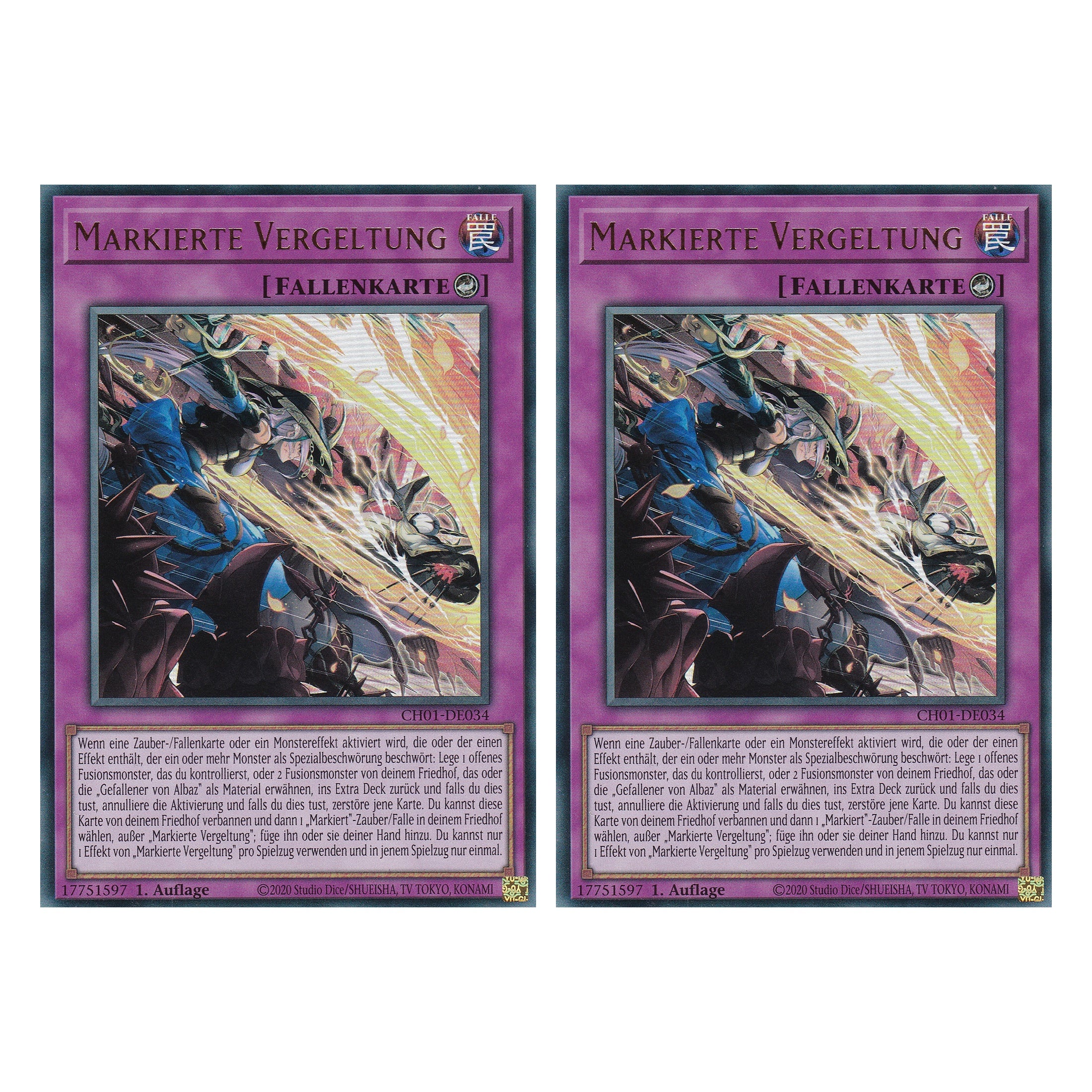 Markierte Vergeltung - CH01-DE034 - Ultra Rare - Deutsch - 1. Auflage - The Chronicles Deck: The Fallen & The Virtuous - Duo Set (2 Stück) - Yugioh