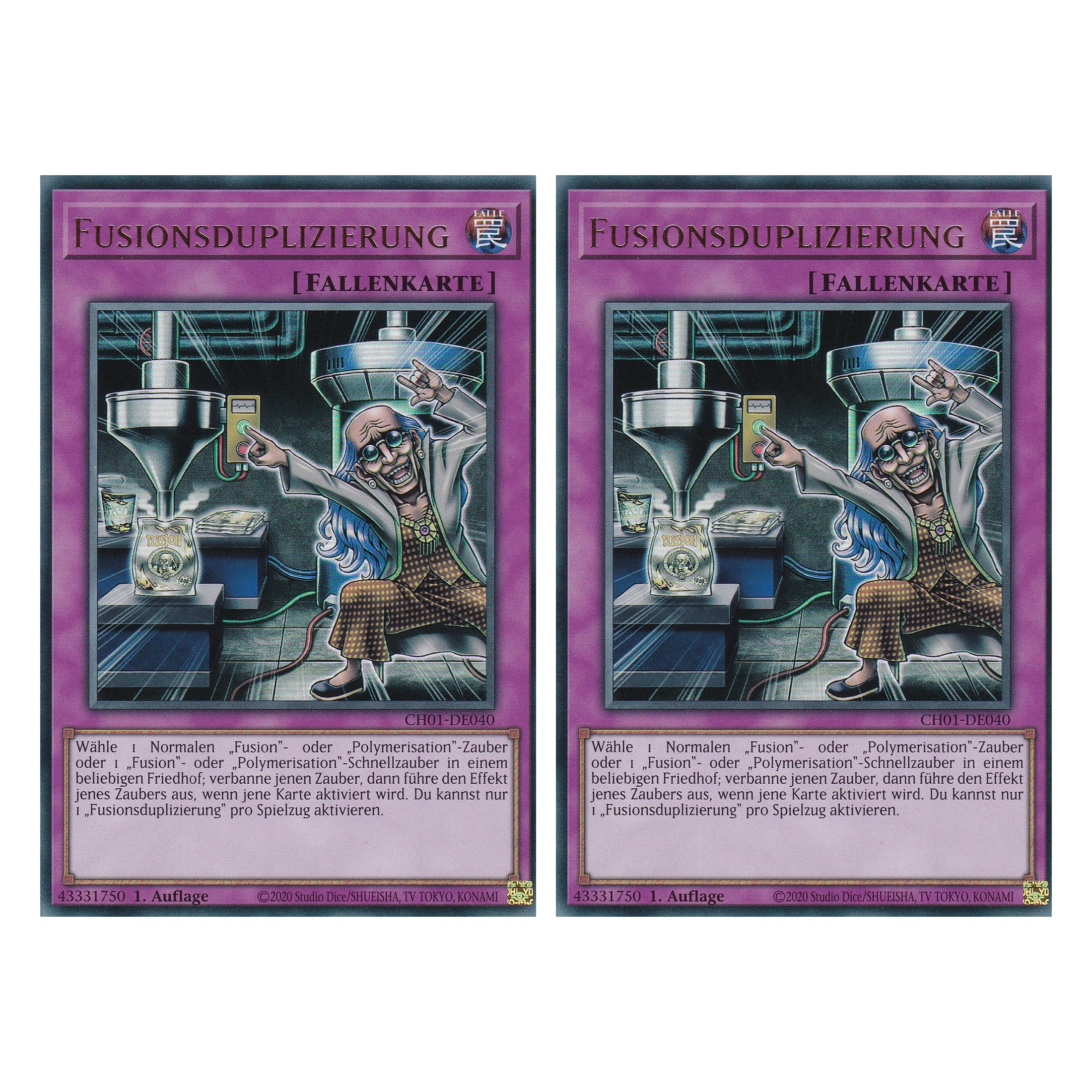 Fusionsduplizierung - CH01-DE040 - Ultra Rare - Deutsch - 1. Auflage - The Chronicles Deck: The Fallen & The Virtuous - Duo Set (2 Stück) - Yugioh