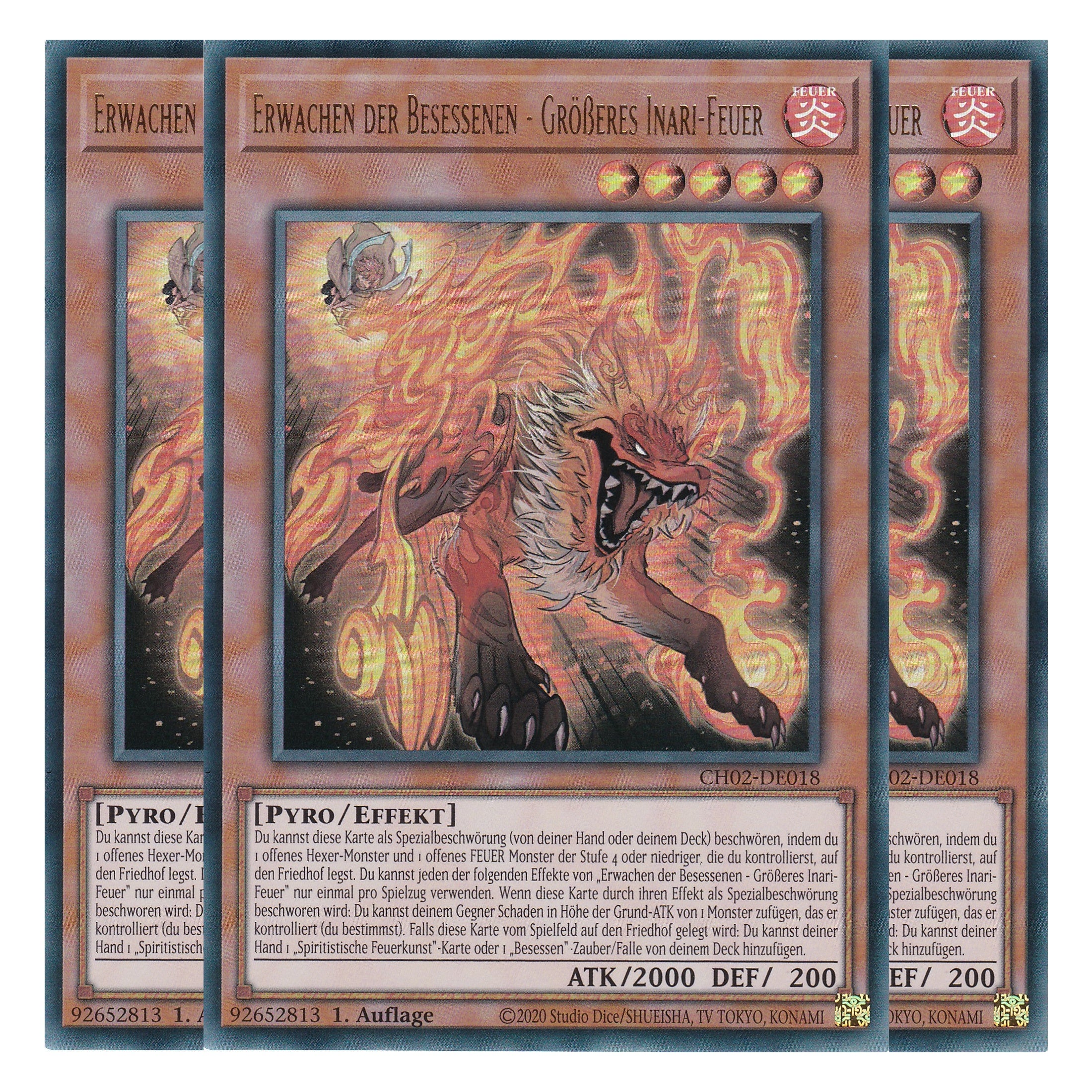 Erwachen der Besessenen - Größeres Inari-Feuer - CH02-DE018 - Ultra Rare - Deutsch - 1. Auflage - The Chronicles Deck: Spirit Charmers - Playset (3 Kopien)