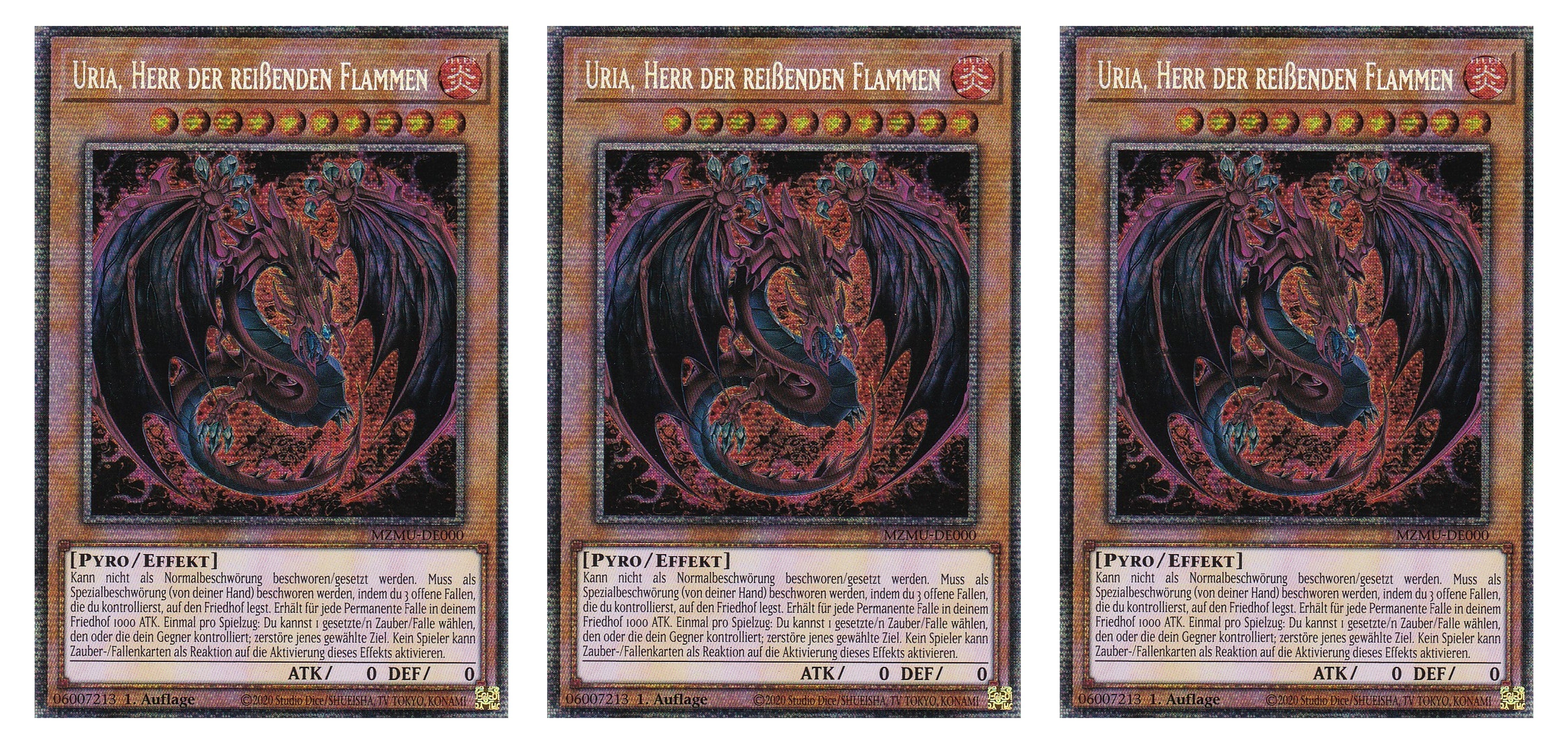 MZMU-DE000 - Uria, Herr der Reißenden Flammen - Playset (3 Kopien) - Starlight Rare - Deutsch - 1. Auflage - Maze of Muertos - Yugioh - mit LMS Fieldcenter-Karte