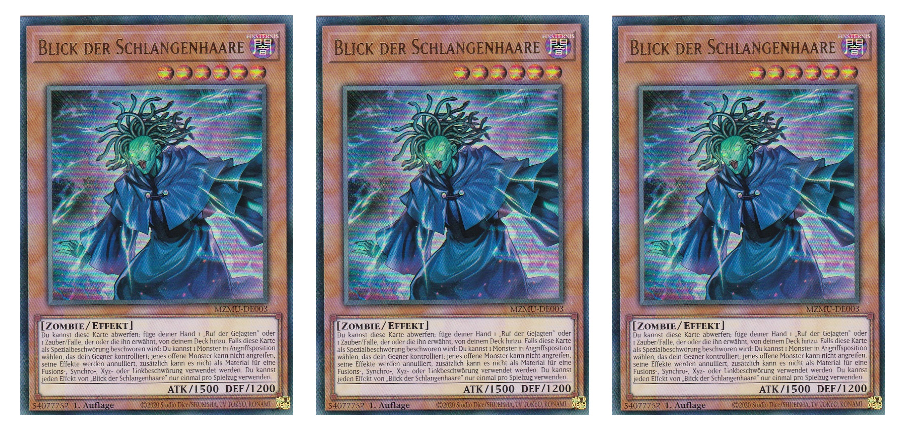 MZMU-DE003 - Blick der Schlangenhaare - Playset (3 Kopien) - Ultra Rare - Deutsch - 1. Auflage - Maze of Muertos - Yugioh - mit LMS Fieldcenter-Karte