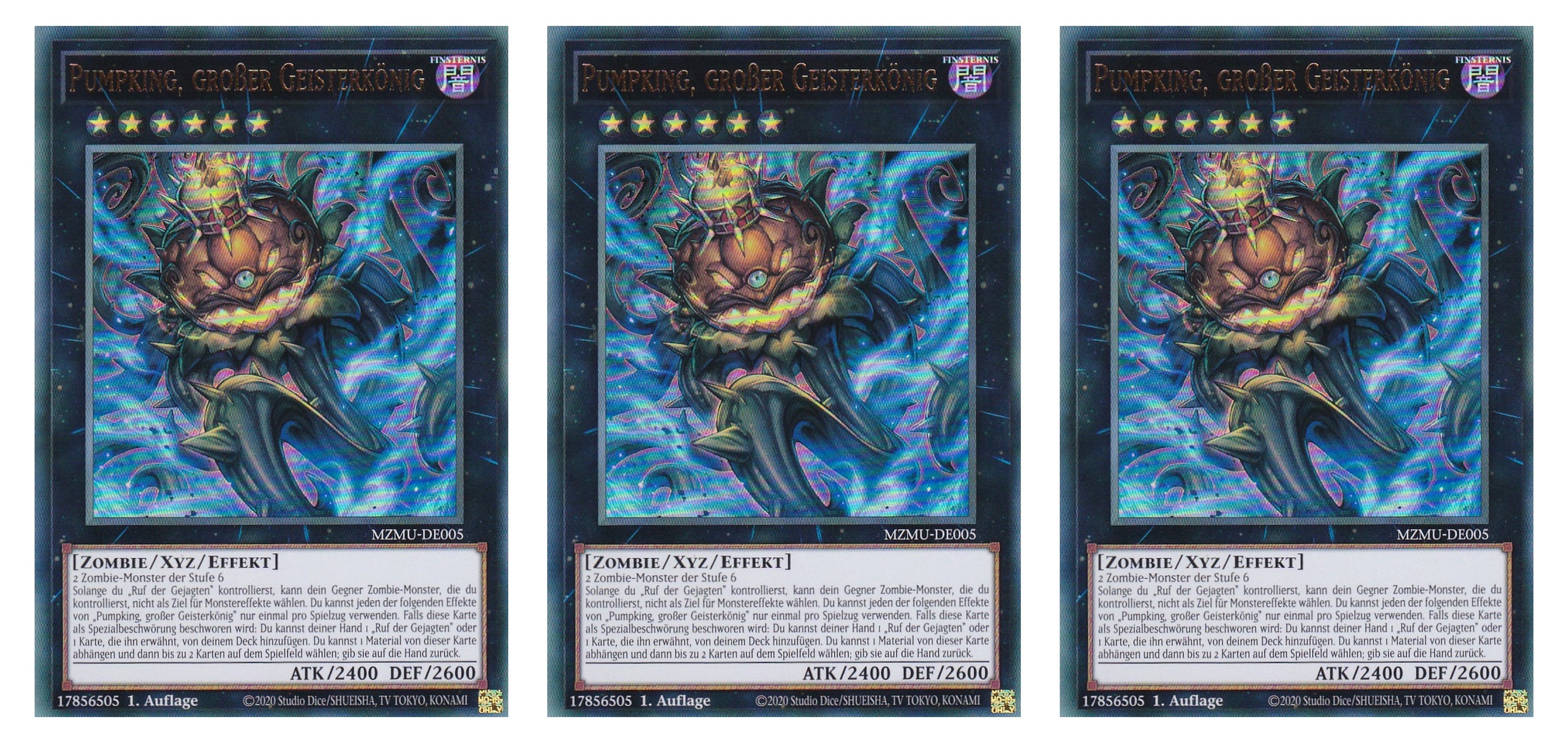 MZMU-DE005 - Pumpking, großer Geisterkönig - Playset (3 Kopien) - Ultra Rare - Deutsch - 1. Auflage - Maze of Muertos - Yugioh - mit LMS Fieldcenter-Karte