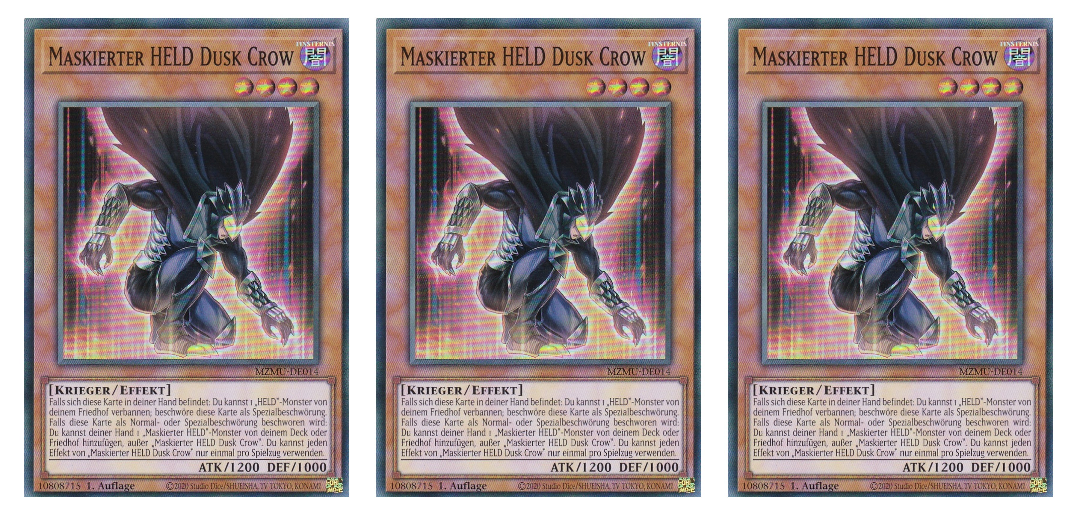 MZMU-DE014 - Maskierter HELD Dusk Crow - Playset (3 Kopien) - Super Rare - Deutsch - 1. Auflage - Maze of Muertos - Yugioh - mit LMS Fieldcenter-Karte