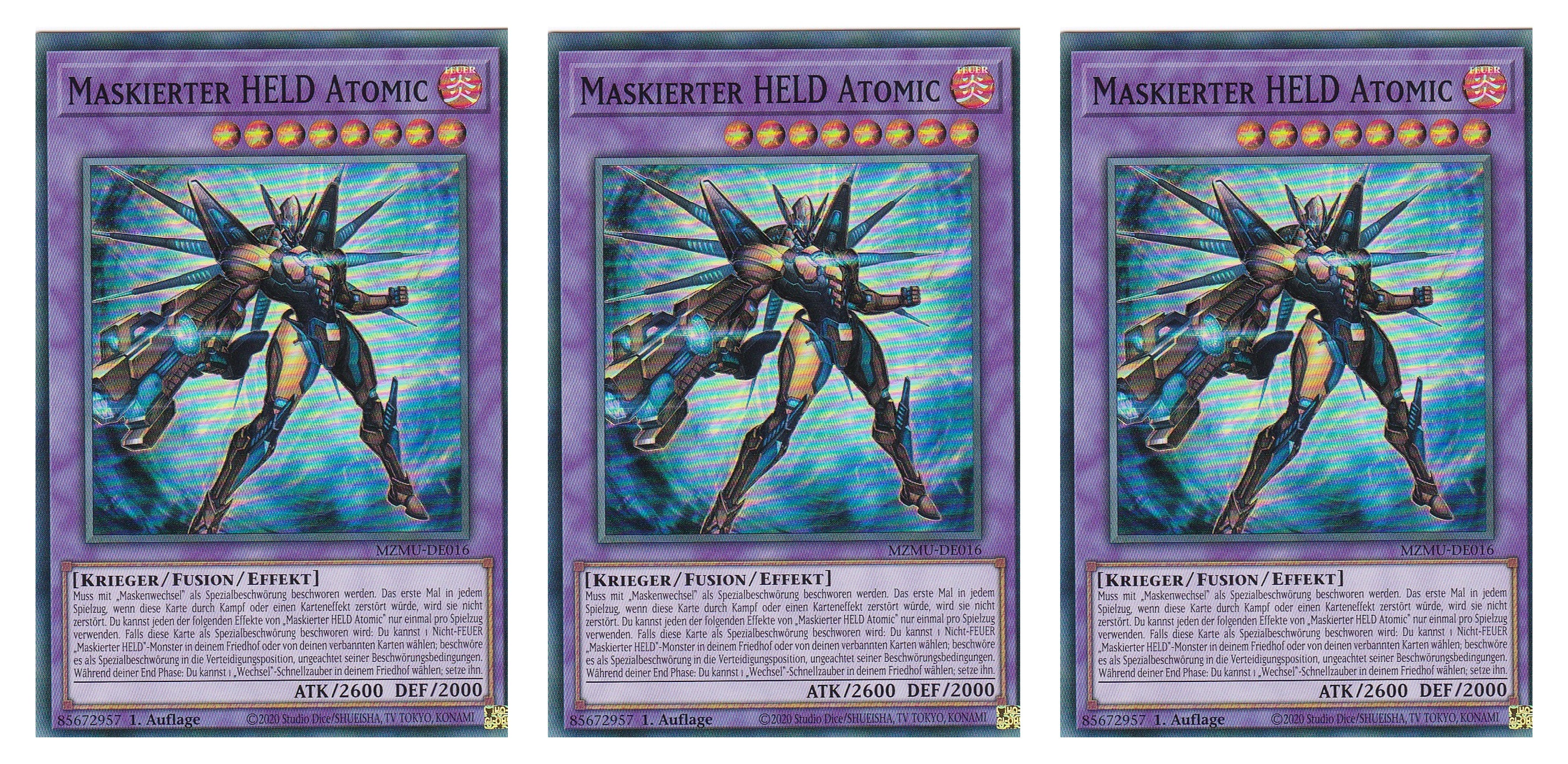 MZMU-DE016 - Maskierter HELD Atomic - Playset (3 Kopien) - Super Rare - Deutsch - 1. Auflage - Maze of Muertos - Yugioh - mit LMS Fieldcenter-Karte