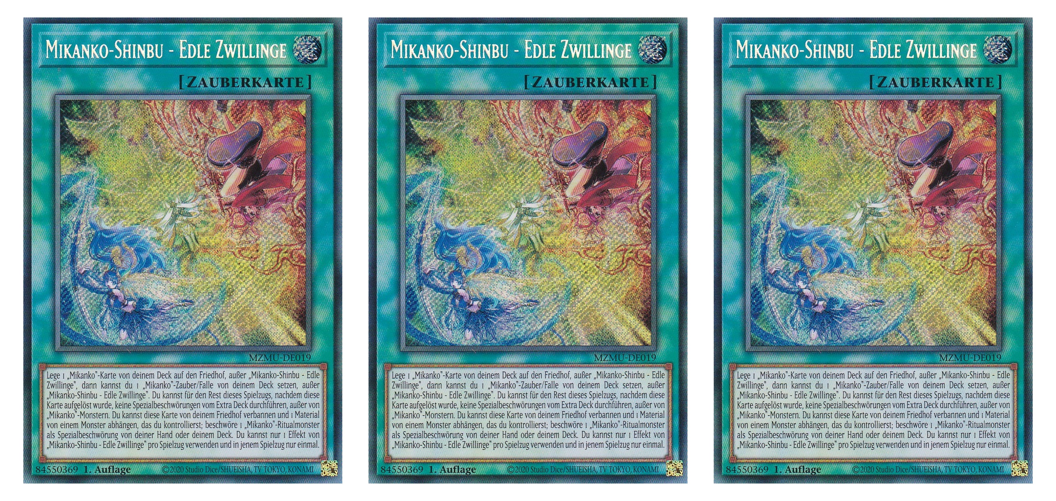 MZMU-DE019 - Mikanko-Shinbu - Edle Zwillinge - Playset (3 Kopien) - Secret Rare - Deutsch - 1. Auflage - Maze of Muertos - Yugioh - mit LMS Fieldcenter-Karte