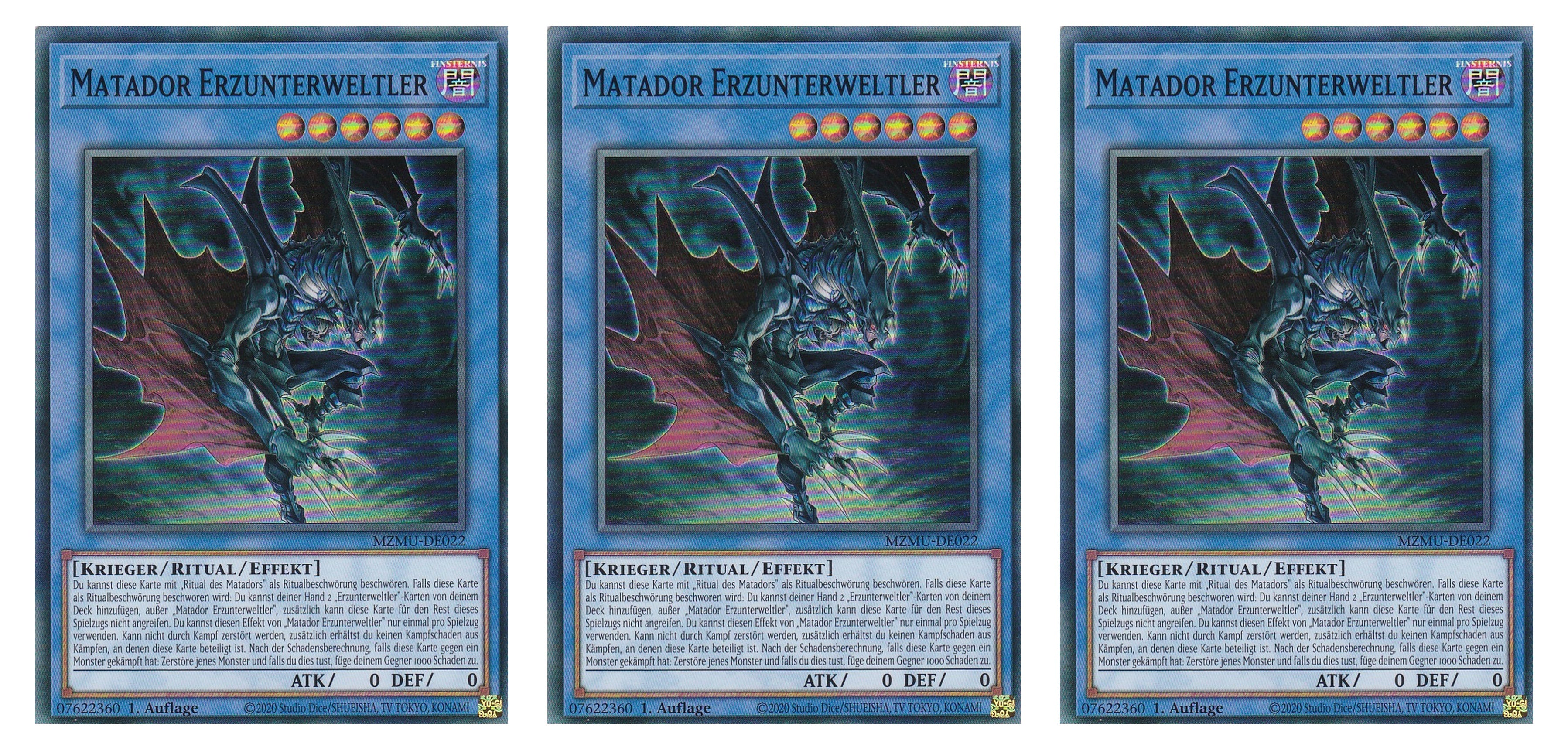MZMU-DE022 - Matador Erzunterweltler - Playset (3 Kopien) - Super Rare - Deutsch - 1. Auflage - Maze of Muertos - Yugioh - mit LMS Fieldcenter-Karte