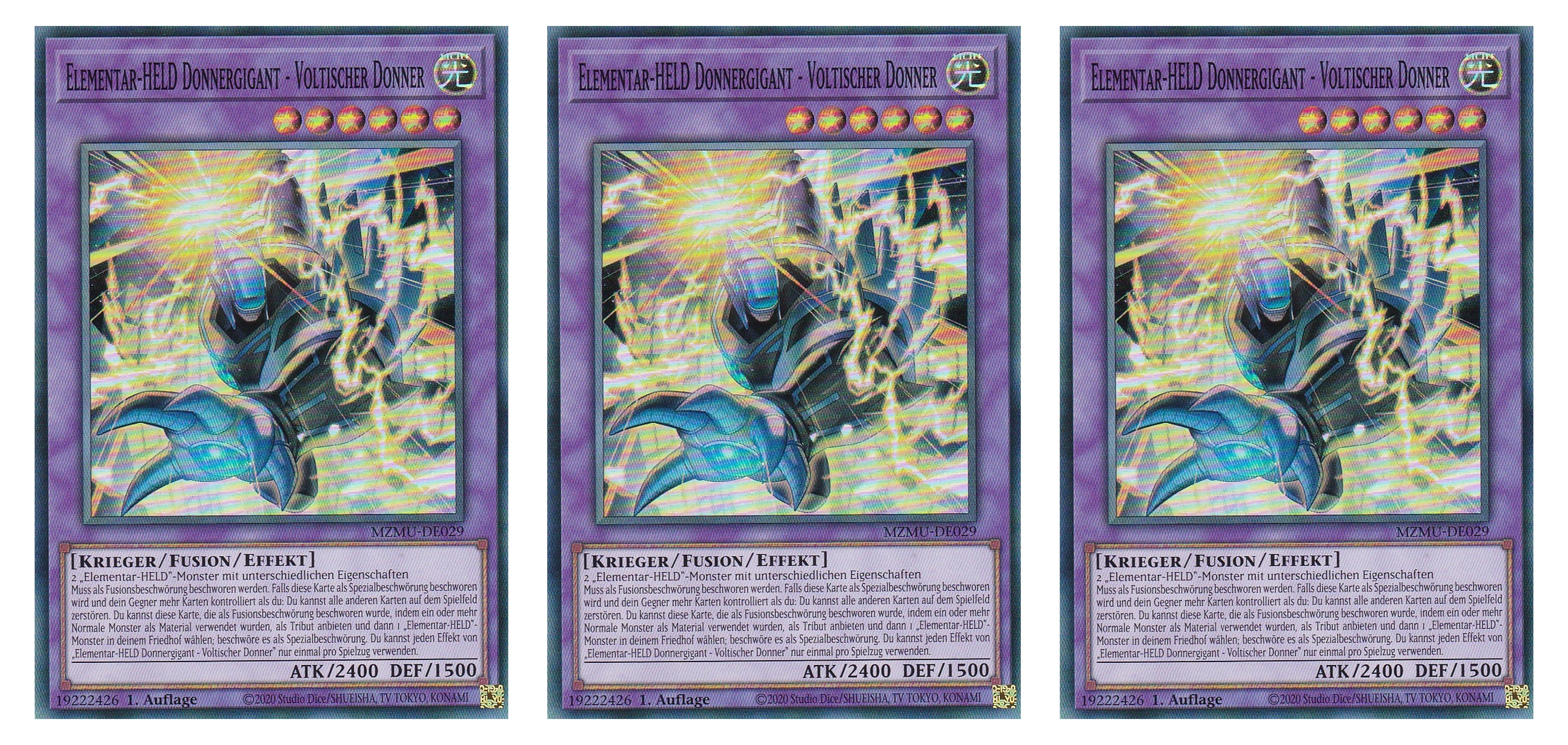 MZMU-DE029 - Elementar-HELD Donnergigant - Voltischer Donner - Playset (3 Kopien) - Super Rare - Deutsch - 1. Auflage - Maze of Muertos - Yugioh - mit LMS Fieldcenter-Karte