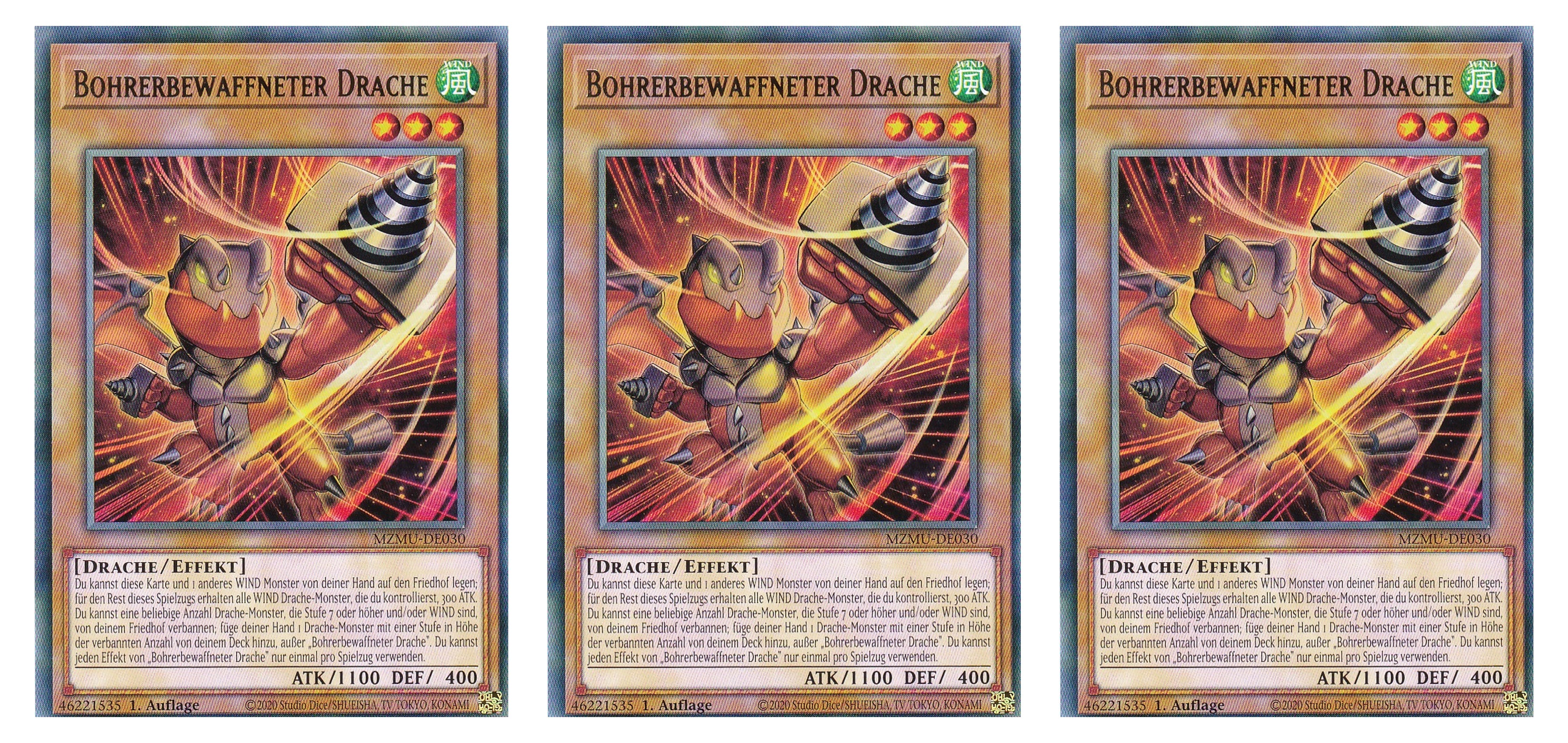 MZMU-DE030 - Bohrerbewaffneter Drache - Playset (3 Kopien) - Rare - Deutsch - 1. Auflage - Maze of Muertos - Yugioh - mit LMS Fieldcenter-Karte