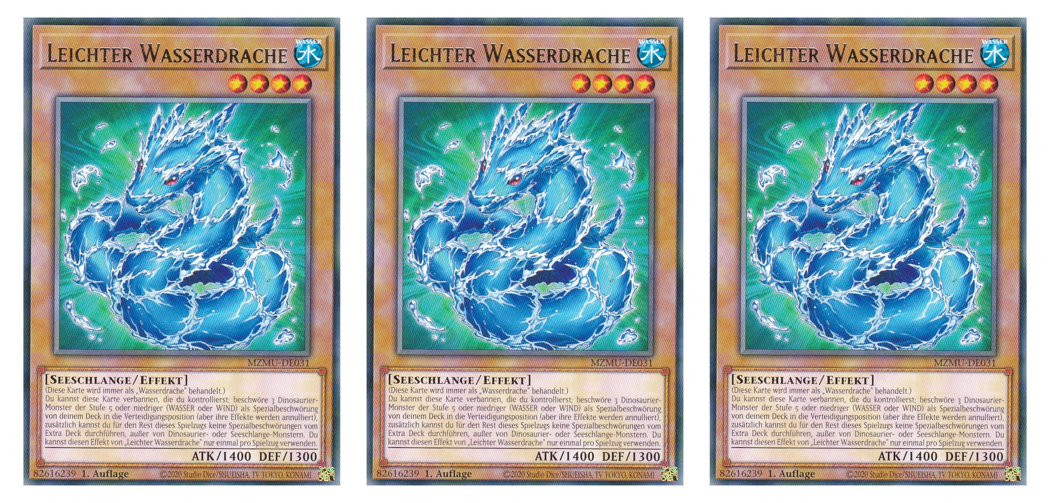 MZMU-DE031 - Leichter Wasserdrache - Playset (3 Kopien) - Rare - Deutsch - 1. Auflage - Maze of Muertos - Yugioh - mit LMS Fieldcenter-Karte
