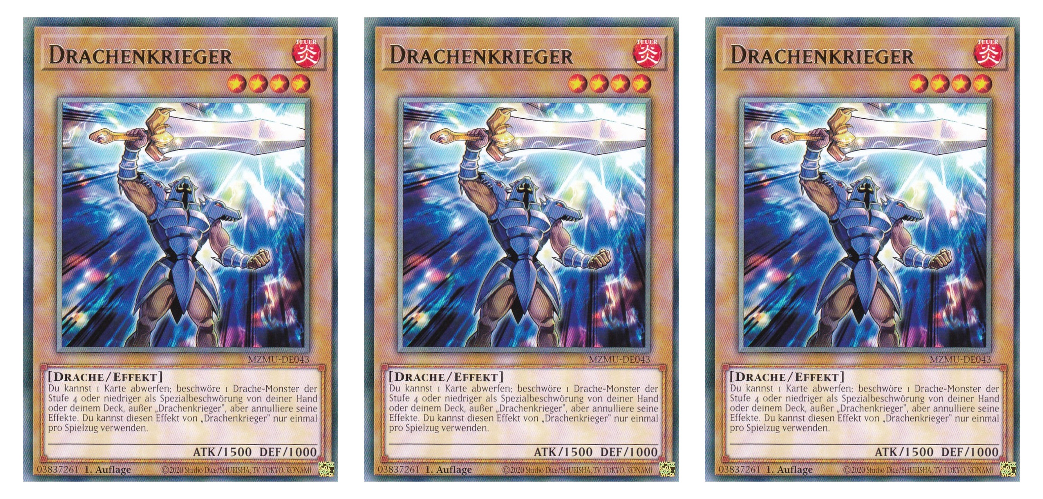 MZMU-DE043 - Drachenkrieger - Playset (3 Kopien) - Rare - Deutsch - 1. Auflage - Maze of Muertos - Yugioh - mit LMS Fieldcenter-Karte