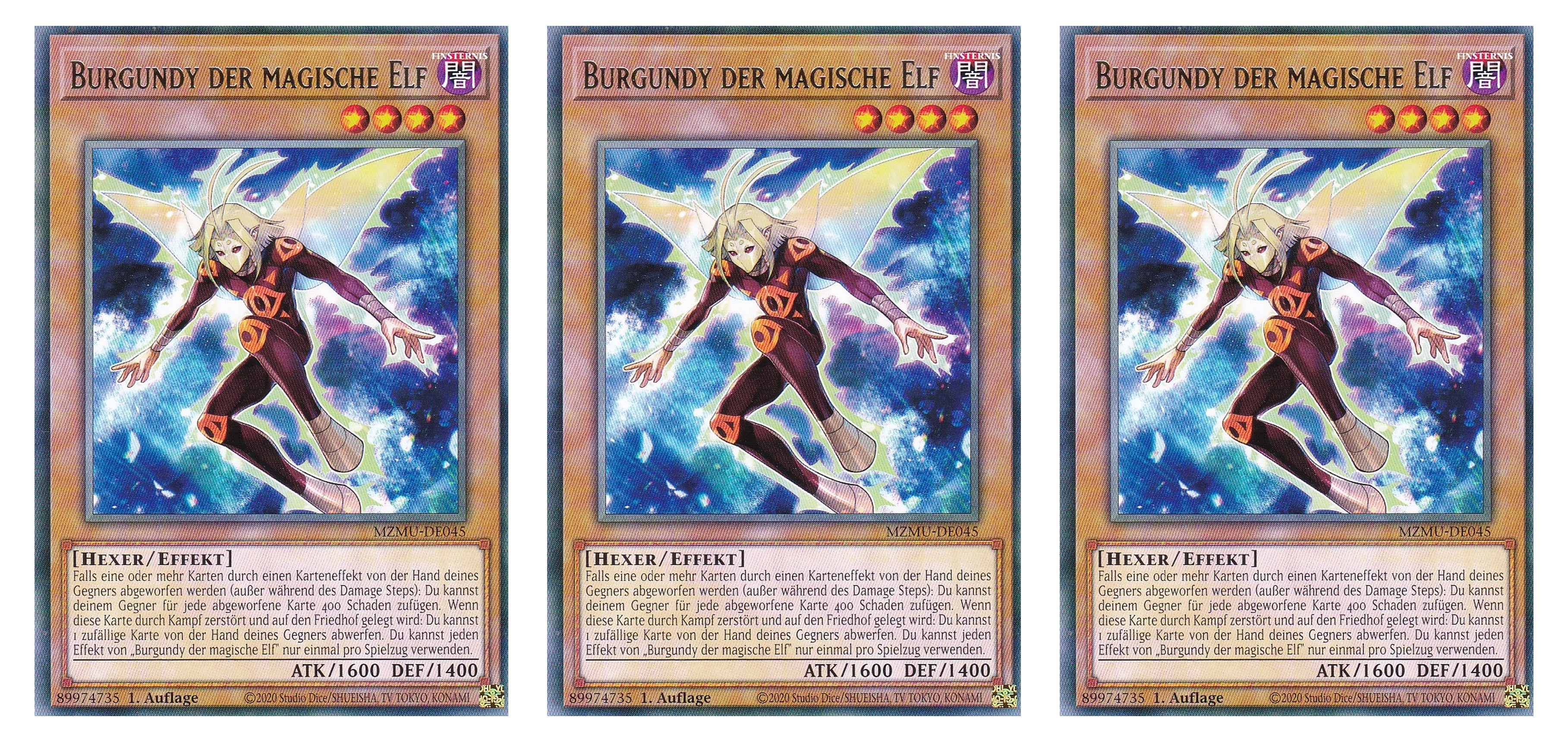 MZMU-DE045 - Burgundy der Magische Elf - Playset (3 Kopien) - Rare - Deutsch - 1. Auflage - Maze of Muertos - Yugioh - mit LMS Fieldcenter-Karte