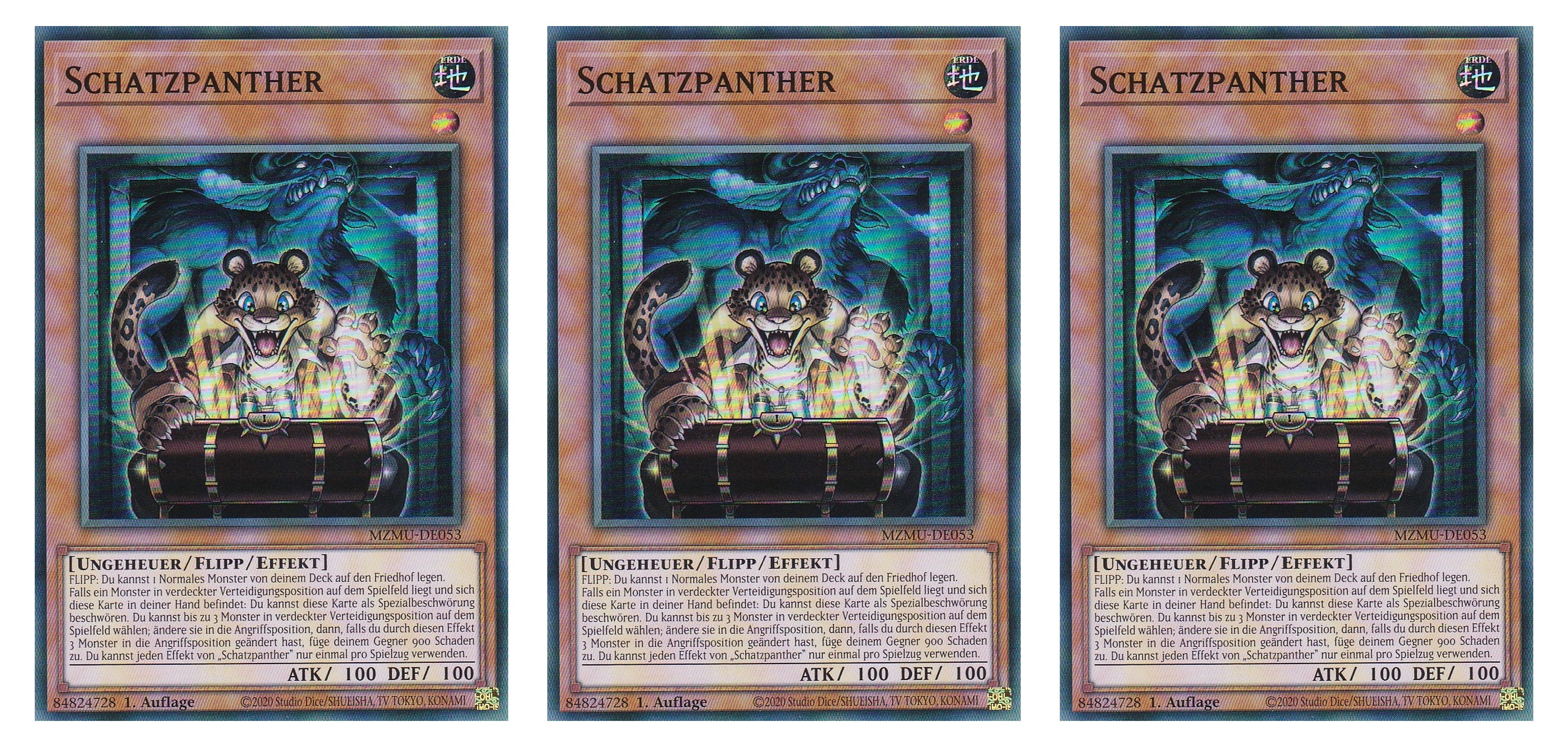MZMU-DE053 - Schatzpanther - Playset (3 Kopien) - Super Rare - Deutsch - 1. Auflage - Maze of Muertos - Yugioh - mit LMS Fieldcenter-Karte