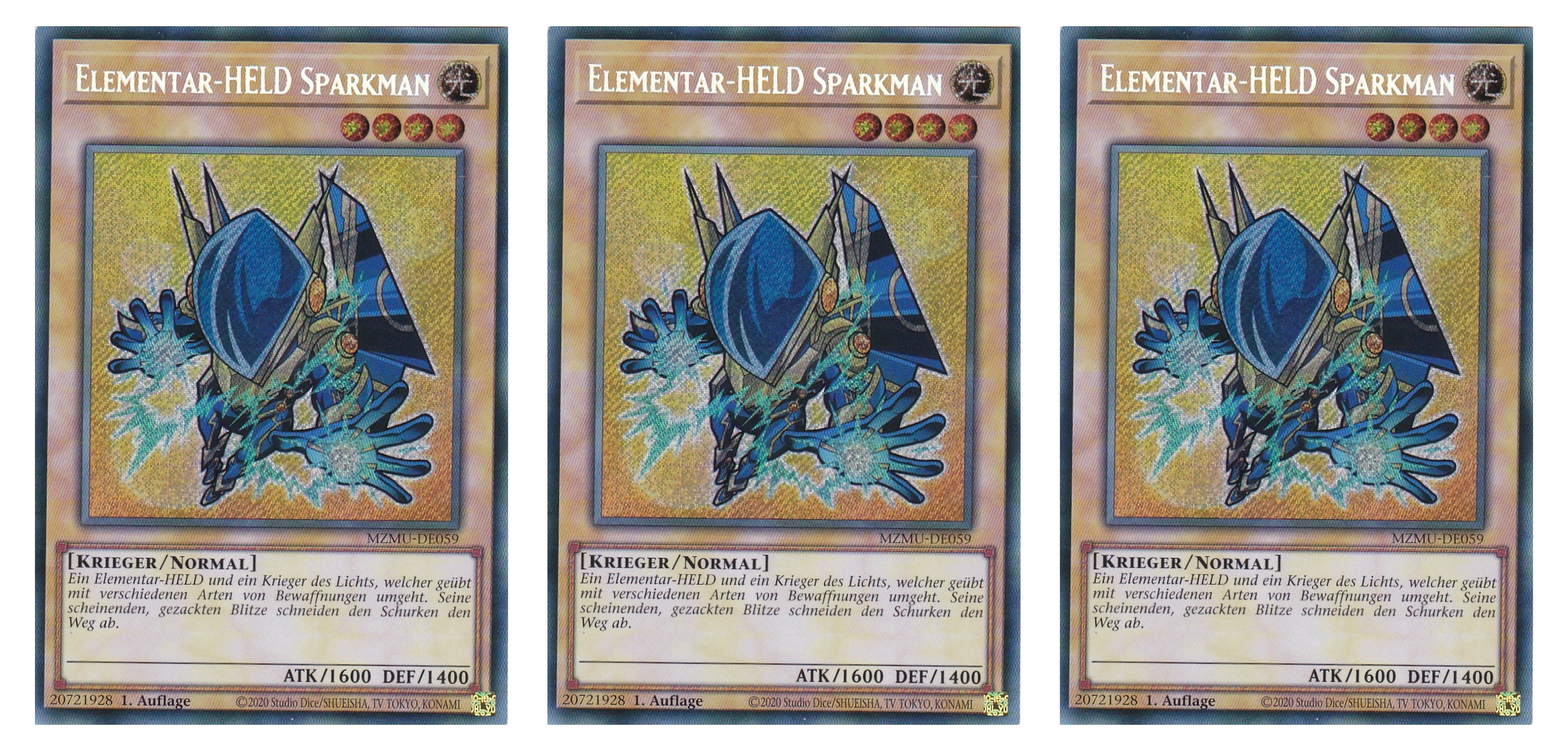 MZMU-DE059 - Elementar HELD Sparkman - Playset (3 Kopien) - Secret Rare - Deutsch - 1. Auflage - Maze of Muertos - Yugioh - mit LMS Fieldcenter-Karte