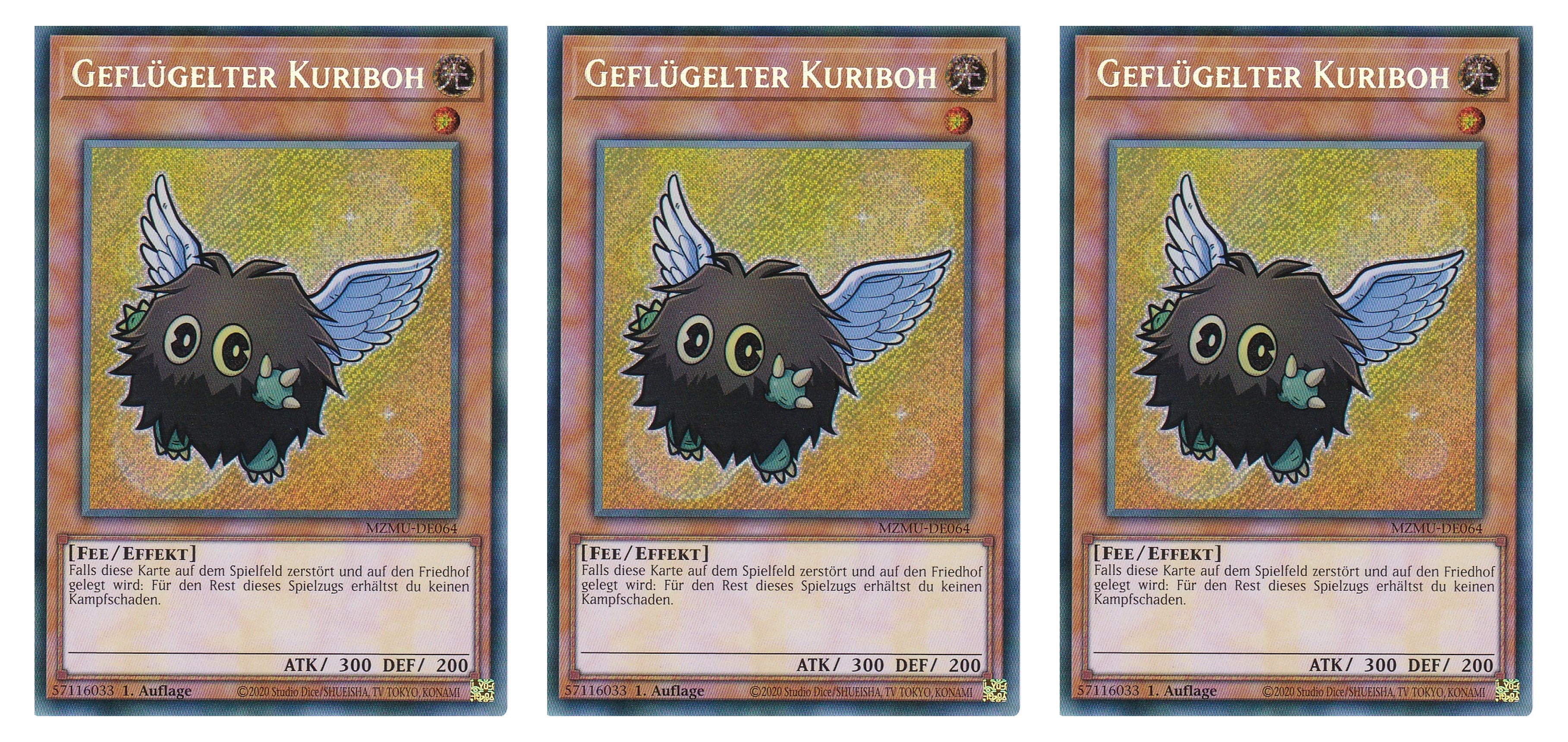 MZMU-DE064 - Geflügelter Kuriboh - Playset (3 Kopien) - Secret Rare - Deutsch - 1. Auflage - Maze of Muertos - Yugioh - mit LMS Fieldcenter-Karte