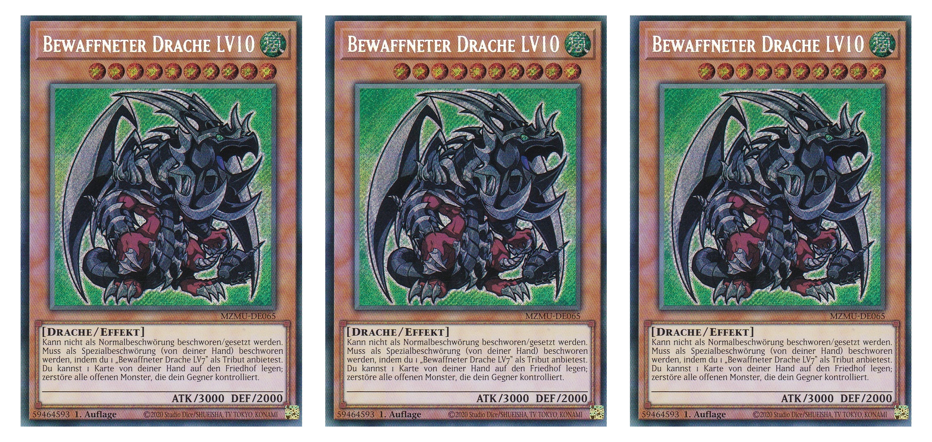 MZMU-DE065 - Bewaffneter Drache LV10 - Playset (3 Kopien) - Secret Rare - Deutsch - 1. Auflage - Maze of Muertos - Yugioh - mit LMS Fieldcenter-Karte