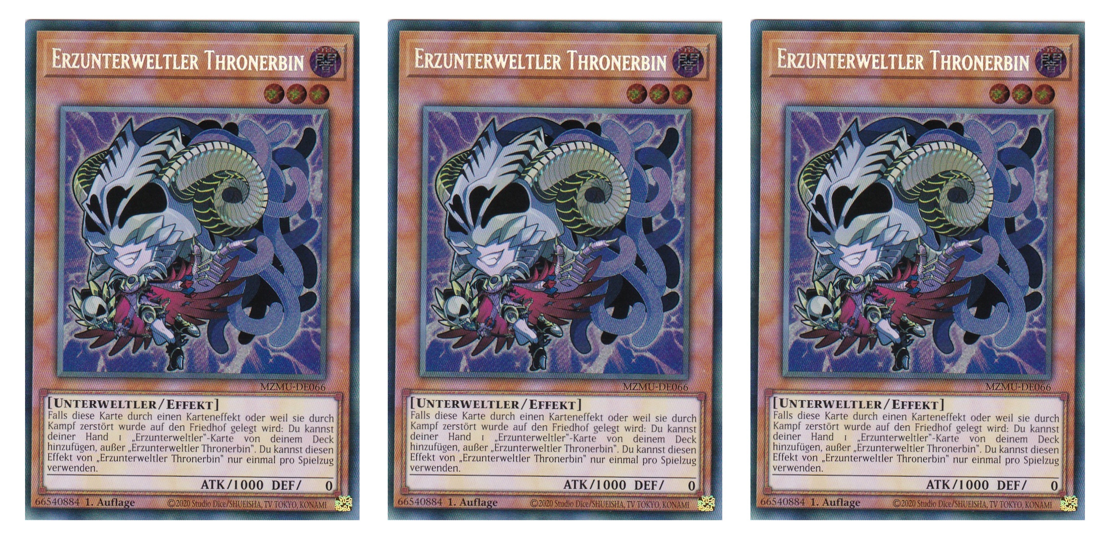 MZMU-DE066 - Erzunterweltler Thronerbin - Playset (3 Kopien) - Secret Rare - Deutsch - 1. Auflage - Maze of Muertos - Yugioh - mit LMS Fieldcenter-Karte