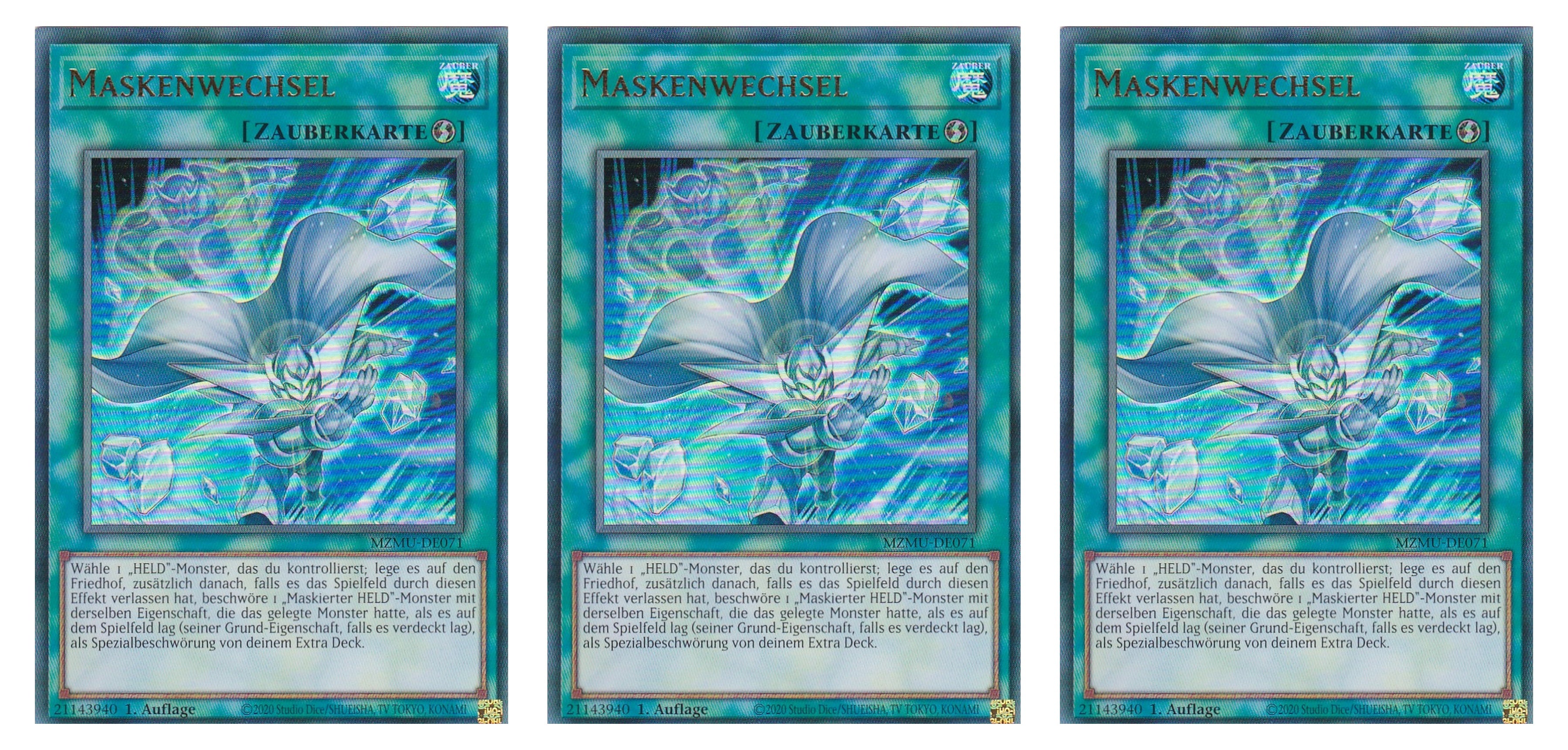 MZMU-DE071 - Maskenwechsel - Playset (3 Kopien) - Ultra Rare - Deutsch - 1. Auflage - Maze of Muertos - Yugioh - mit LMS Fieldcenter-Karte