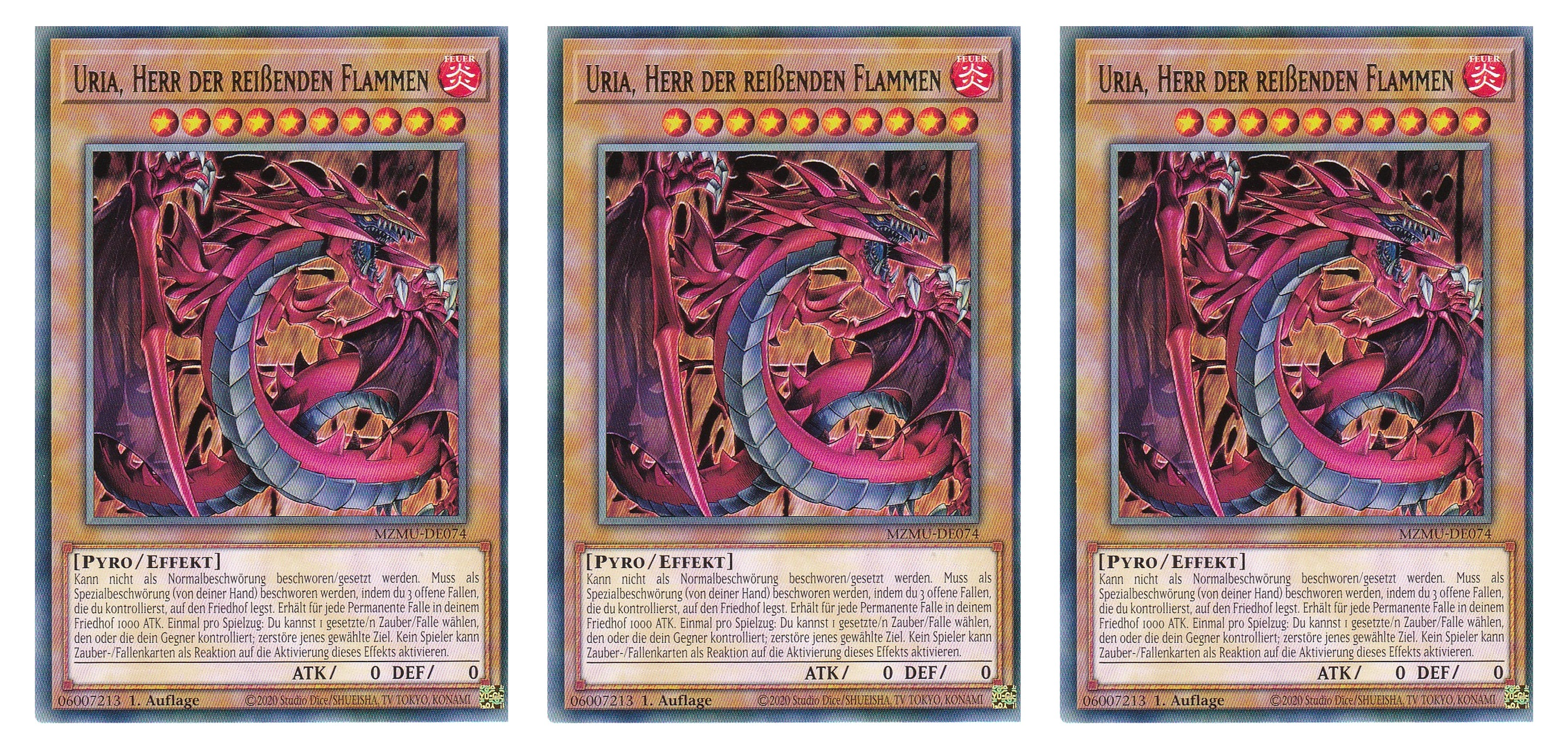 MZMU-DE074 - Uria, Herr der Reißenden Flammen - Playset (3 Kopien) - Rare - Deutsch - 1. Auflage - Maze of Muertos - Yugioh - mit LMS Fieldcenter-Karte