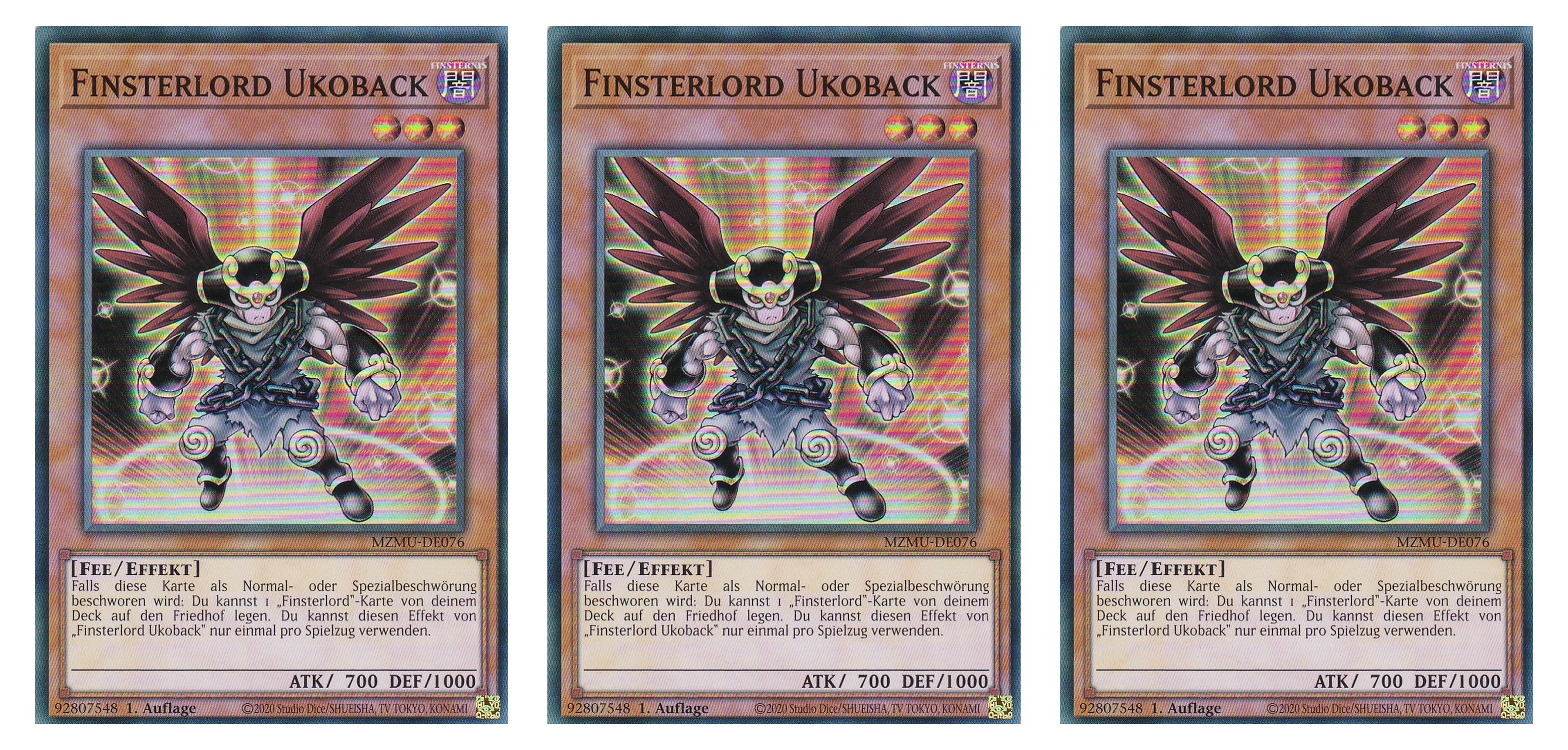 MZMU-DE076 - Finsterlord Ukoback - Playset (3 Kopien) - Super Rare - Deutsch - 1. Auflage - Maze of Muertos - Yugioh - mit LMS Fieldcenter-Karte