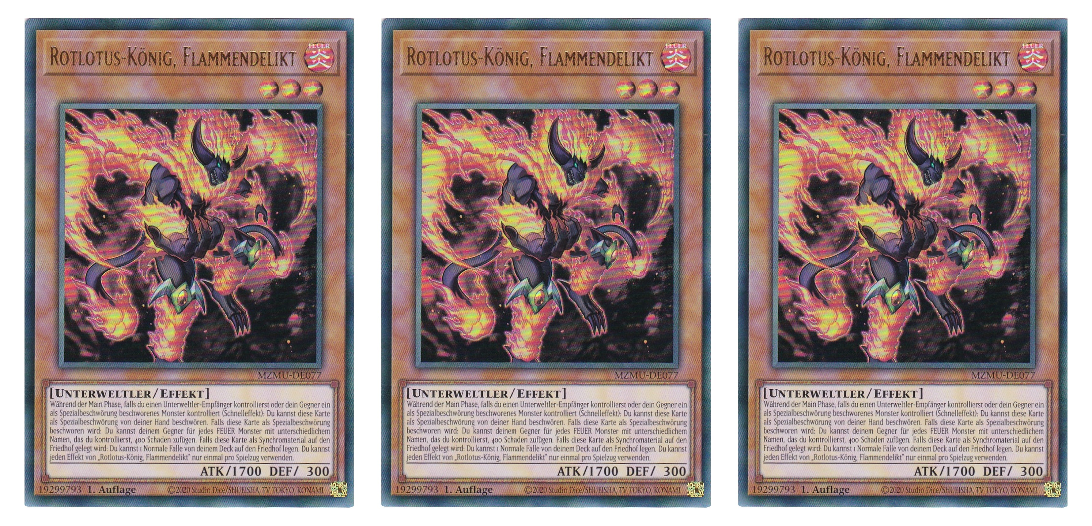 MZMU-DE077 - Rotlotus-König Flammendelikt - Playset (3 Kopien) - Ultra Rare - Deutsch - 1. Auflage - Maze of Muertos - Yugioh - mit LMS Fieldcenter-Karte