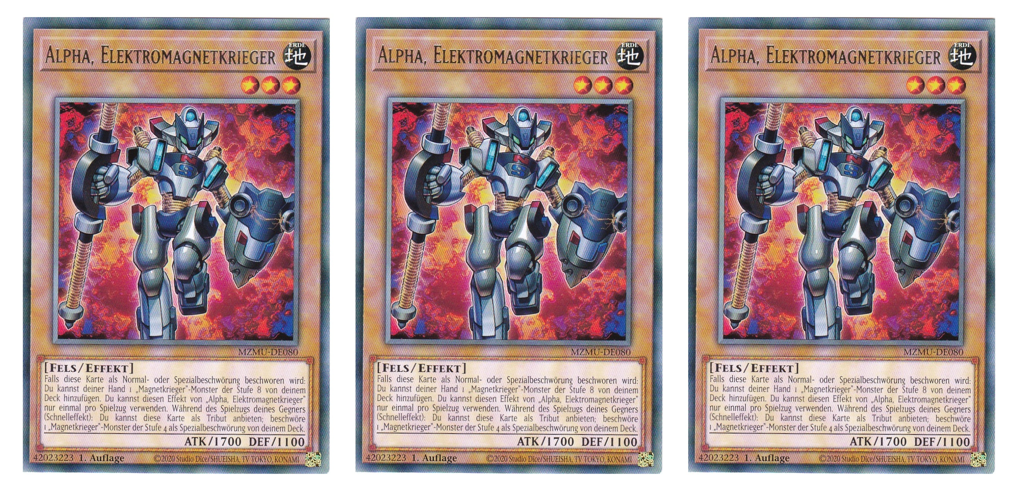 MZMU-DE080 - Alpha, Elektromagnetkrieger - Playset (3 Kopien) - Rare - Deutsch - 1. Auflage - Maze of Muertos - Yugioh - mit LMS Fieldcenter-Karte