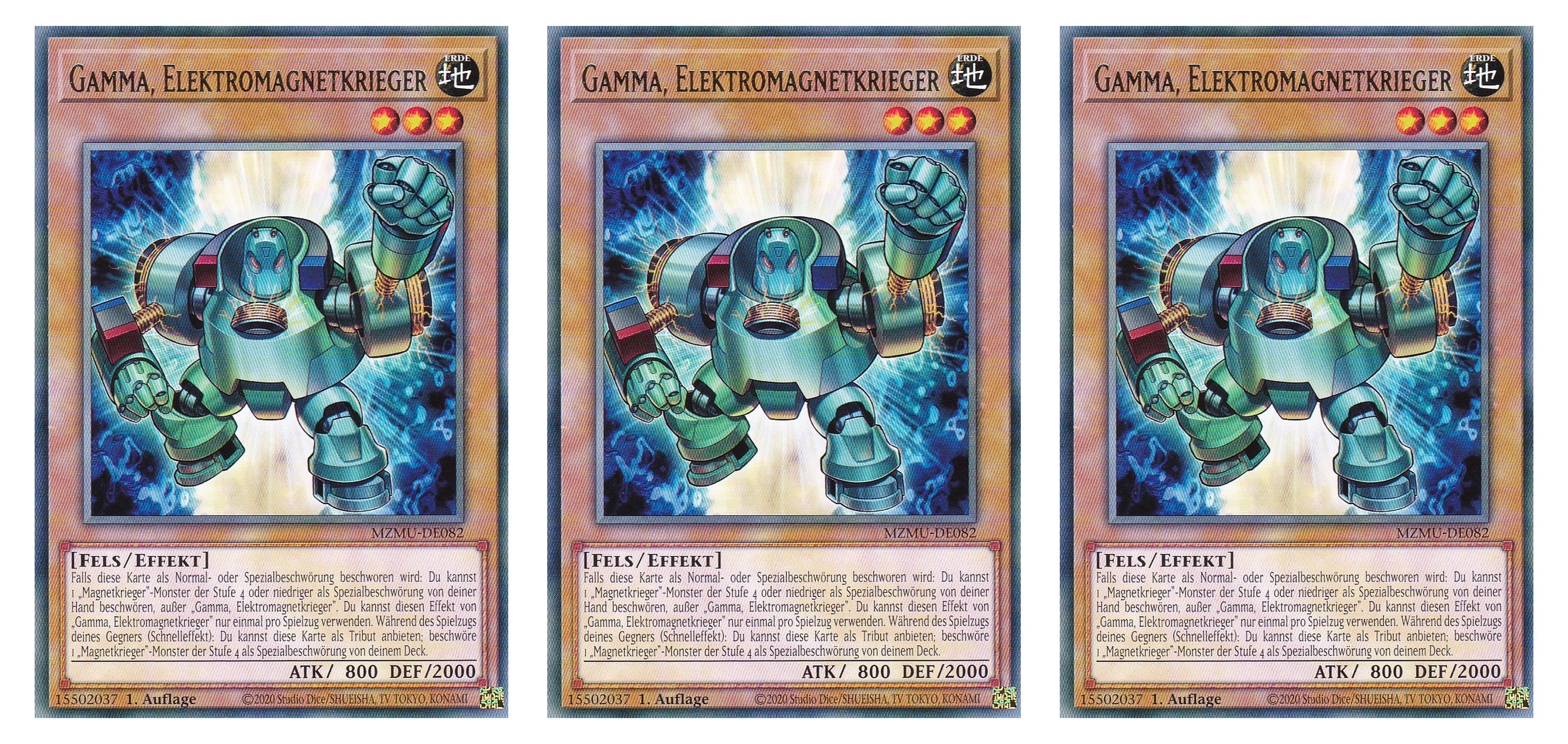 MZMU-DE082 - Gamma, Elektromagnetkrieger - Playset (3 Kopien) - Rare - Deutsch - 1. Auflage - Maze of Muertos - Yugioh - mit LMS Fieldcenter-Karte