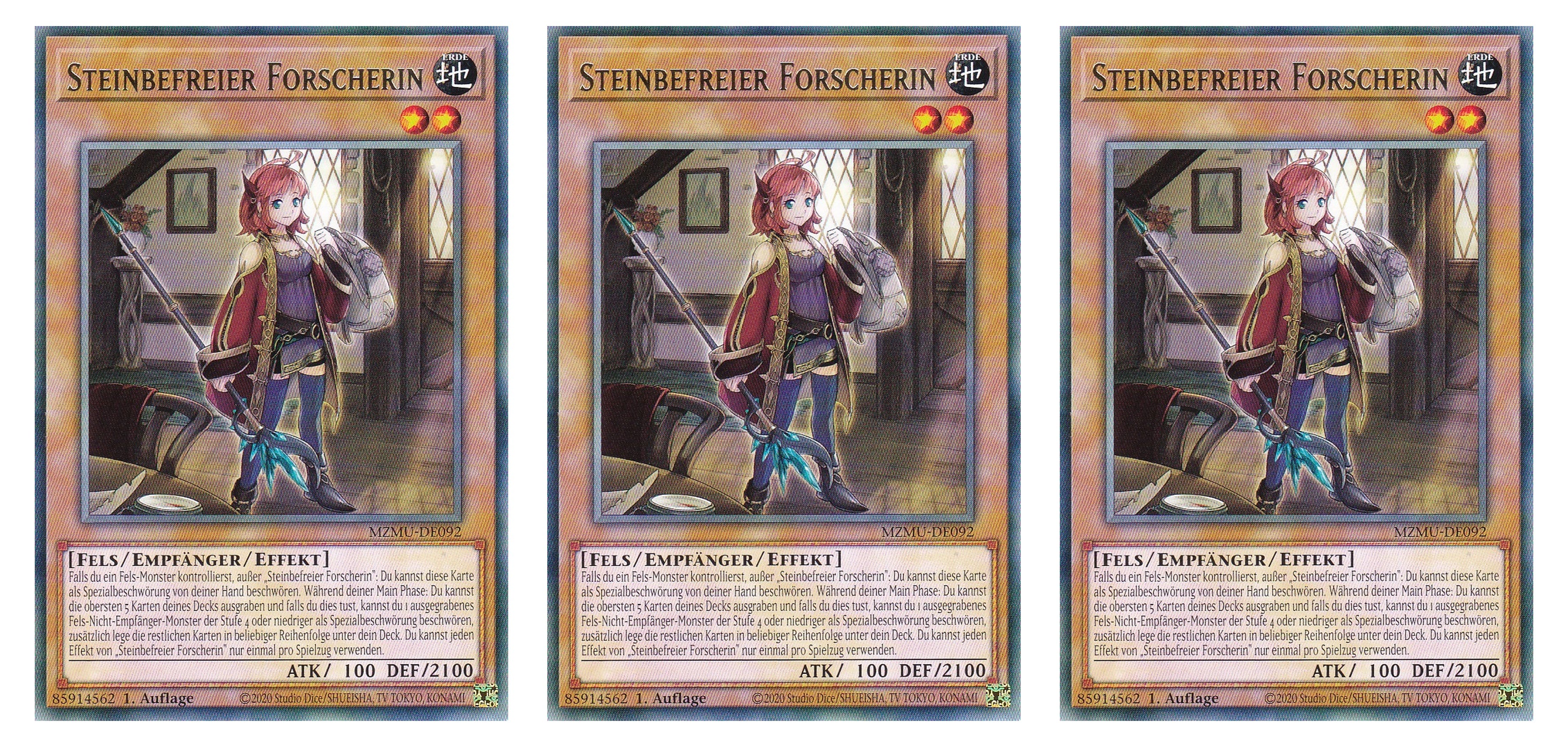 MZMU-DE092 - Steinbefreier Forscherin - Playset (3 Kopien) - Rare - Deutsch - 1. Auflage - Maze of Muertos - Yugioh - mit LMS Fieldcenter-Karte